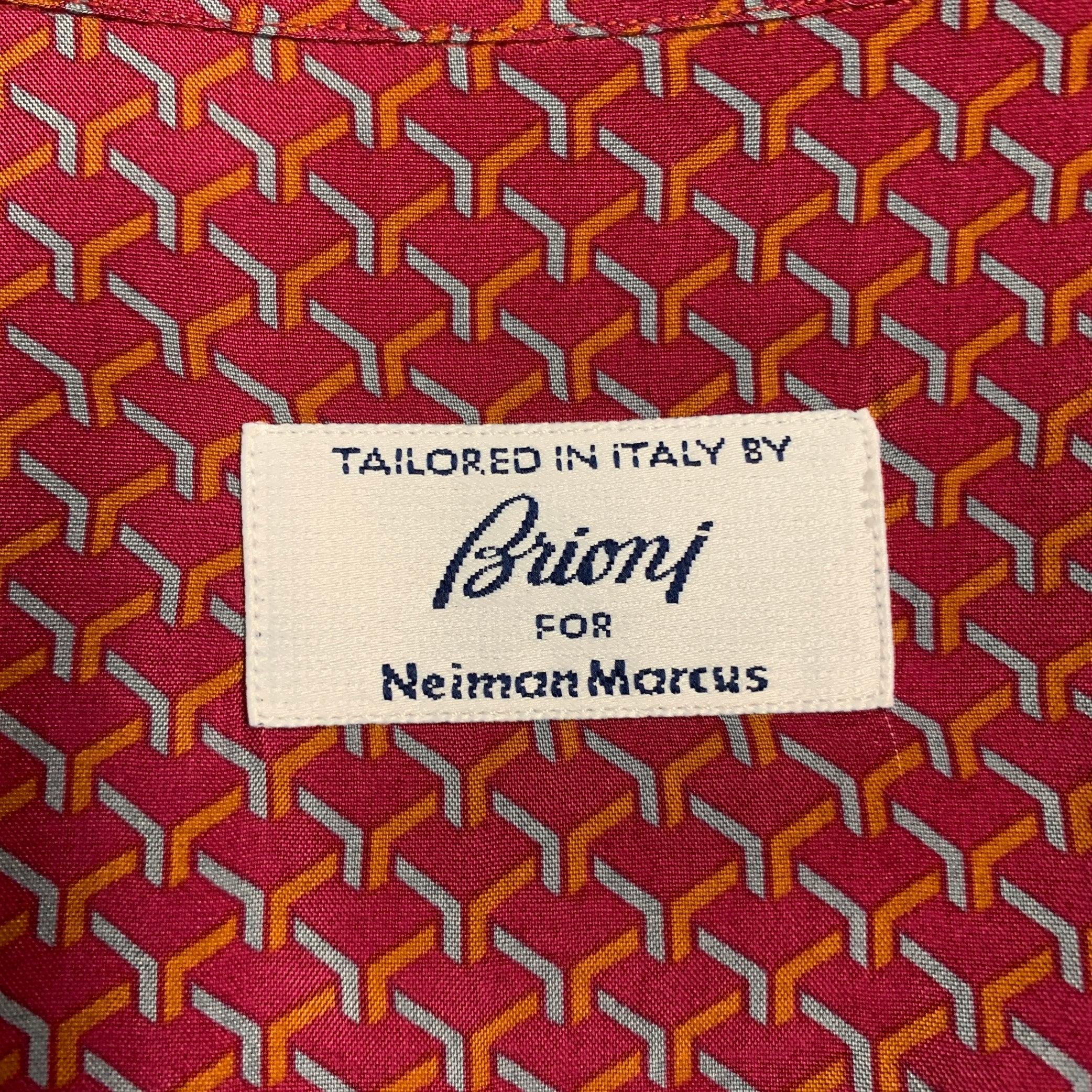Men's BRIONI Size L Burgundy Orange Blue Geometric Print Rayon Short Sleeve Shirt For Sale