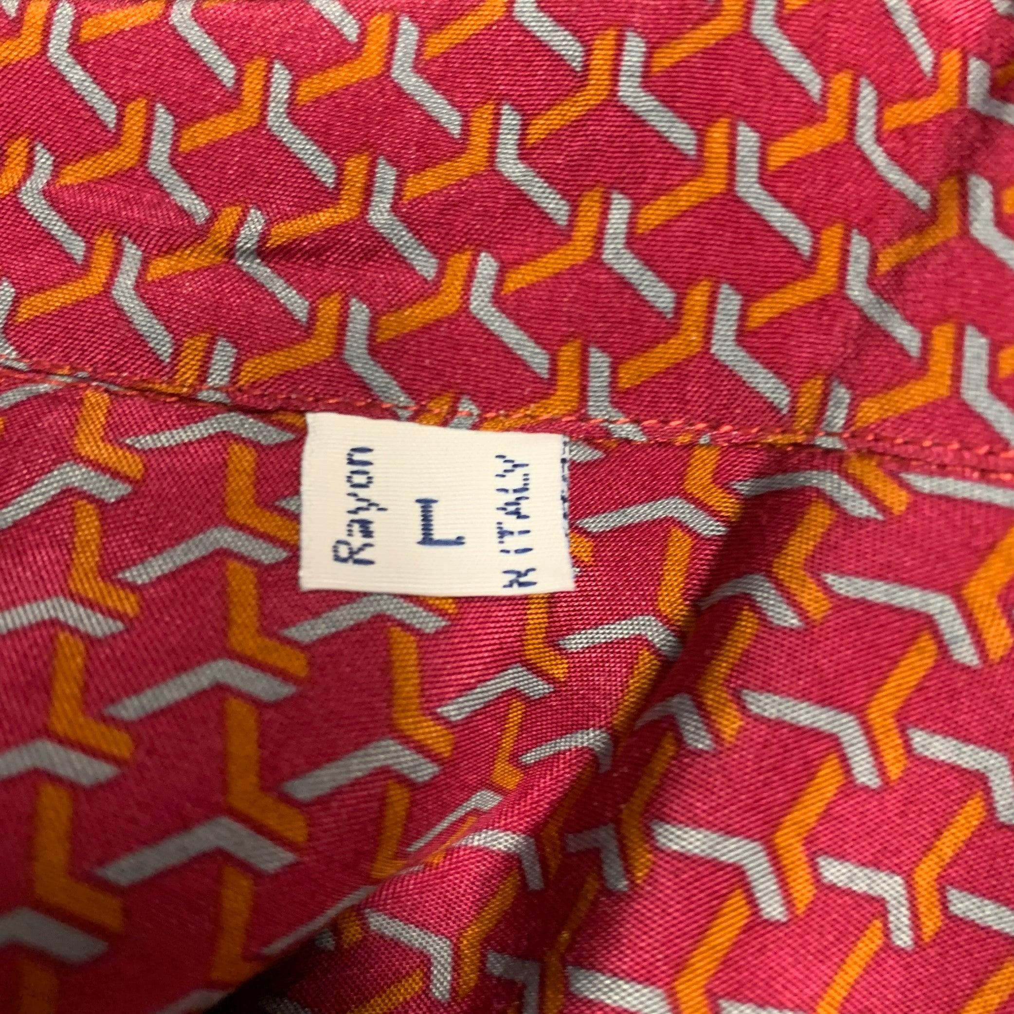 BRIONI Size L Burgundy Orange Blue Geometric Print Rayon Short Sleeve Shirt For Sale 1
