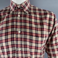 BRIONI Size L Burgundy Tan Tartan Cotton Button Down Long Sleeve Shirt