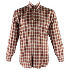 BRIONI Size L Burgundy Tan Tartan Cotton Button Down Long Sleeve Shirt