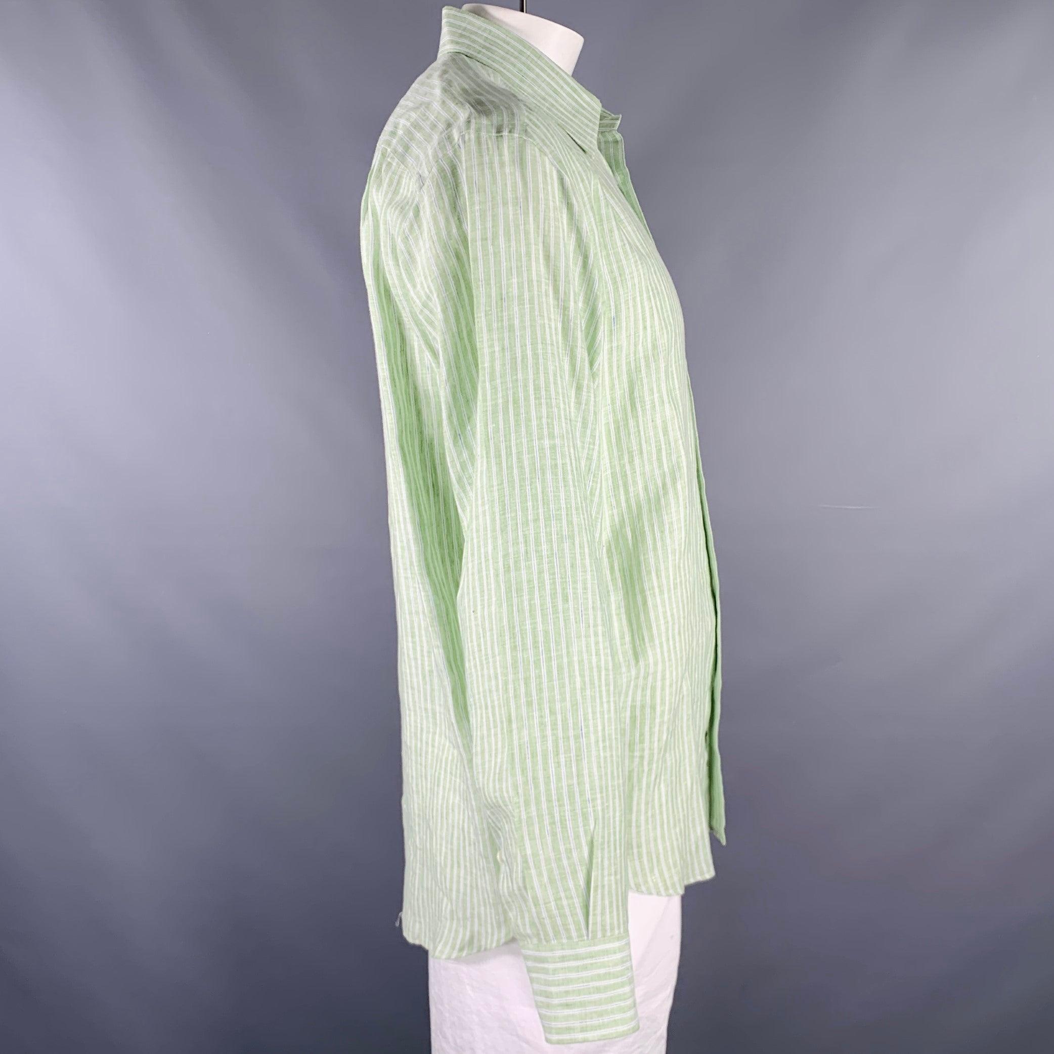 Gray BRIONI Size L Green Stripe Linen Button Up Long Sleeve Shirt For Sale