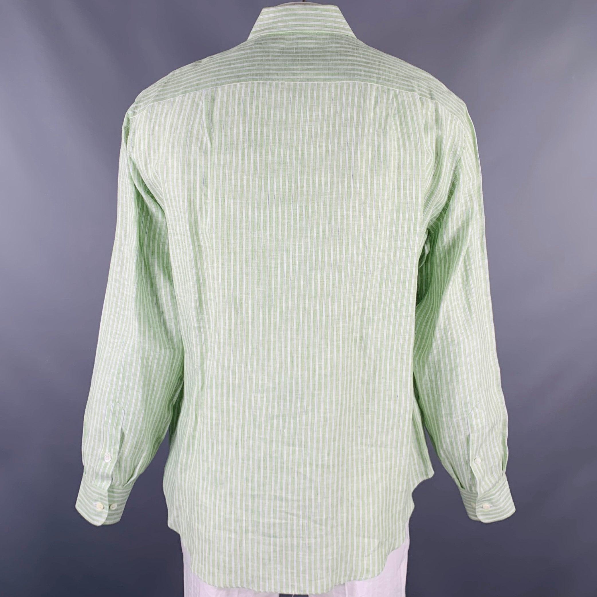 BRIONI Size L Green Stripe Linen Button Up Long Sleeve Shirt In Excellent Condition For Sale In San Francisco, CA