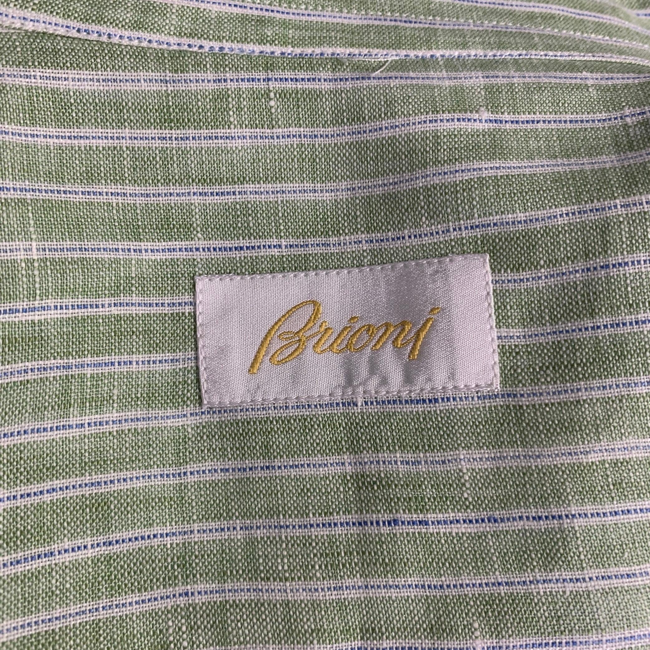 Men's BRIONI Size L Green Stripe Linen Button Up Long Sleeve Shirt For Sale
