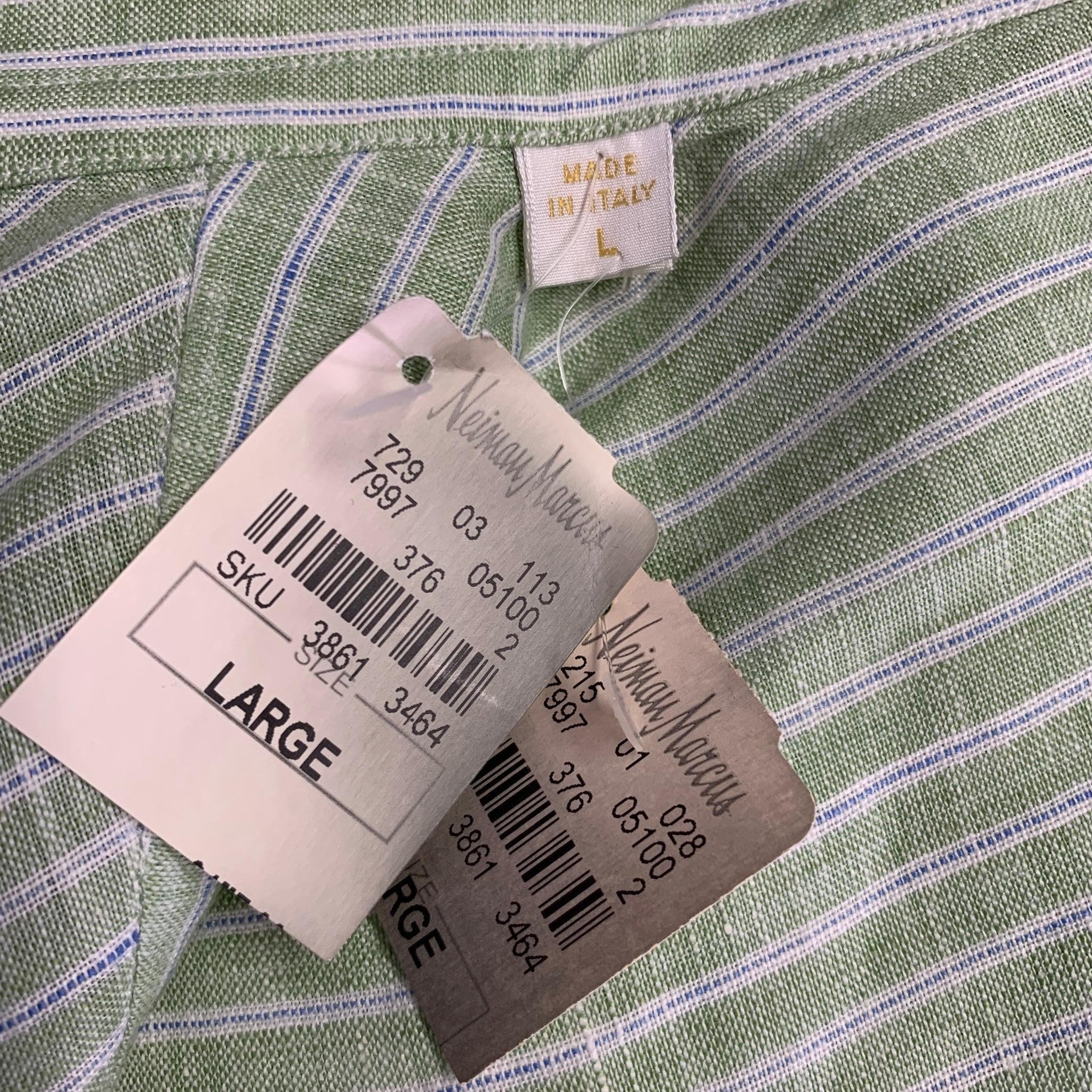 BRIONI Size L Green Stripe Linen Button Up Long Sleeve Shirt For Sale 1