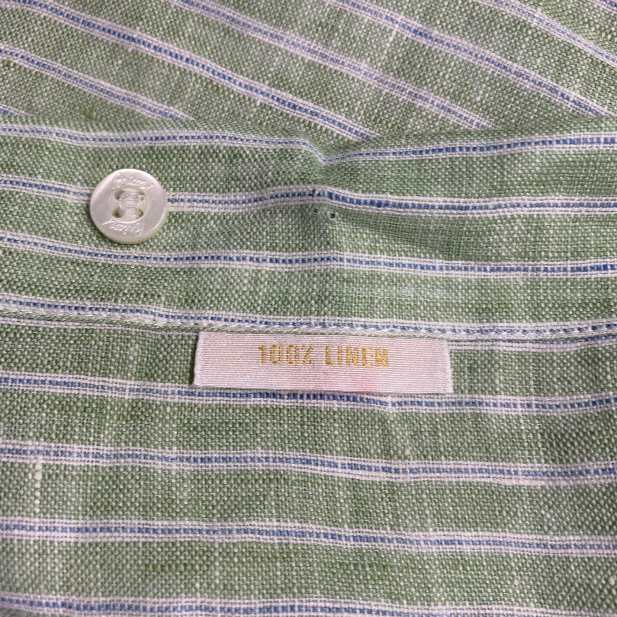 BRIONI Size L Green Stripe Linen Button Up Long Sleeve Shirt For Sale 2