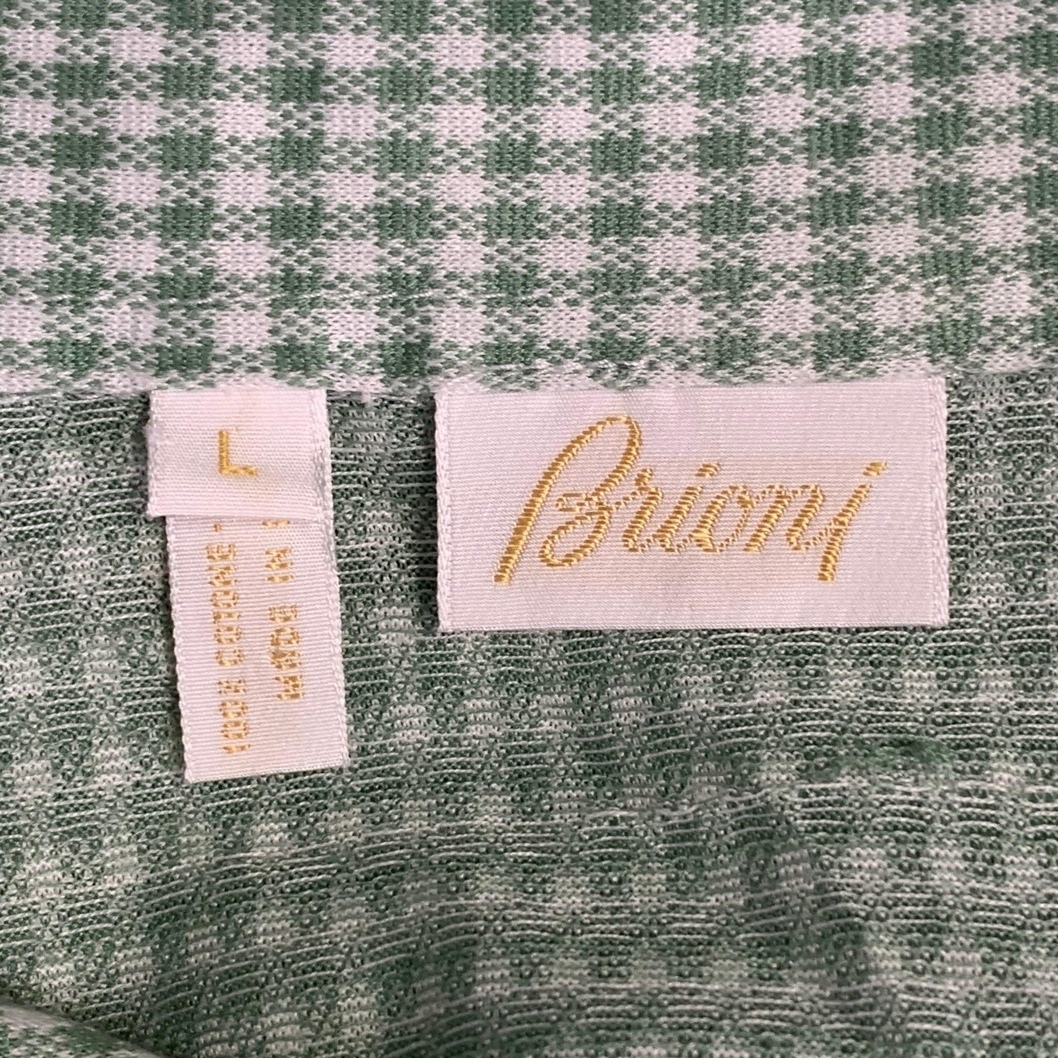 BRIONI Größe L Grün-Weiß kariertes Baumwoll Polo mit halber Plakette aus Baumwolle im Zustand „Hervorragend“ im Angebot in San Francisco, CA