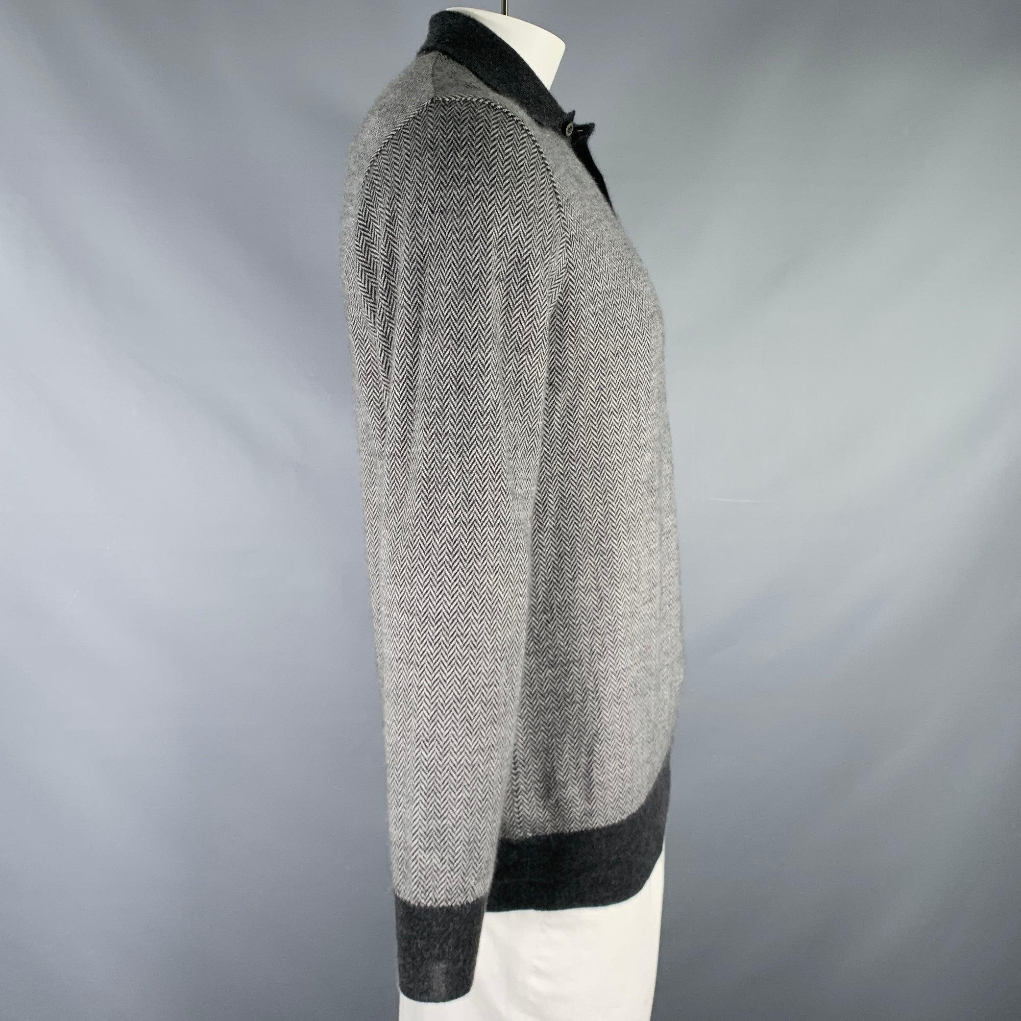 Gray BRIONI Size L Grey Herringbone Cashmere Silk Polo Pullover For Sale