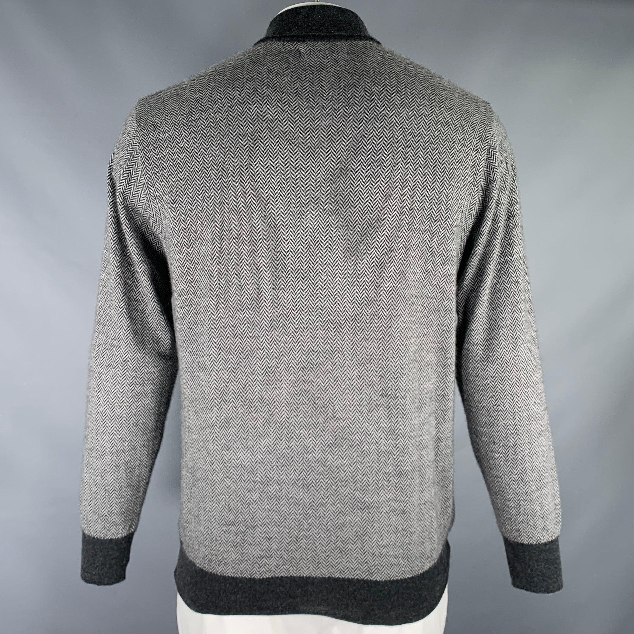 BRIONI Size L Grey Herringbone Cashmere Silk Polo Pullover In Good Condition For Sale In San Francisco, CA
