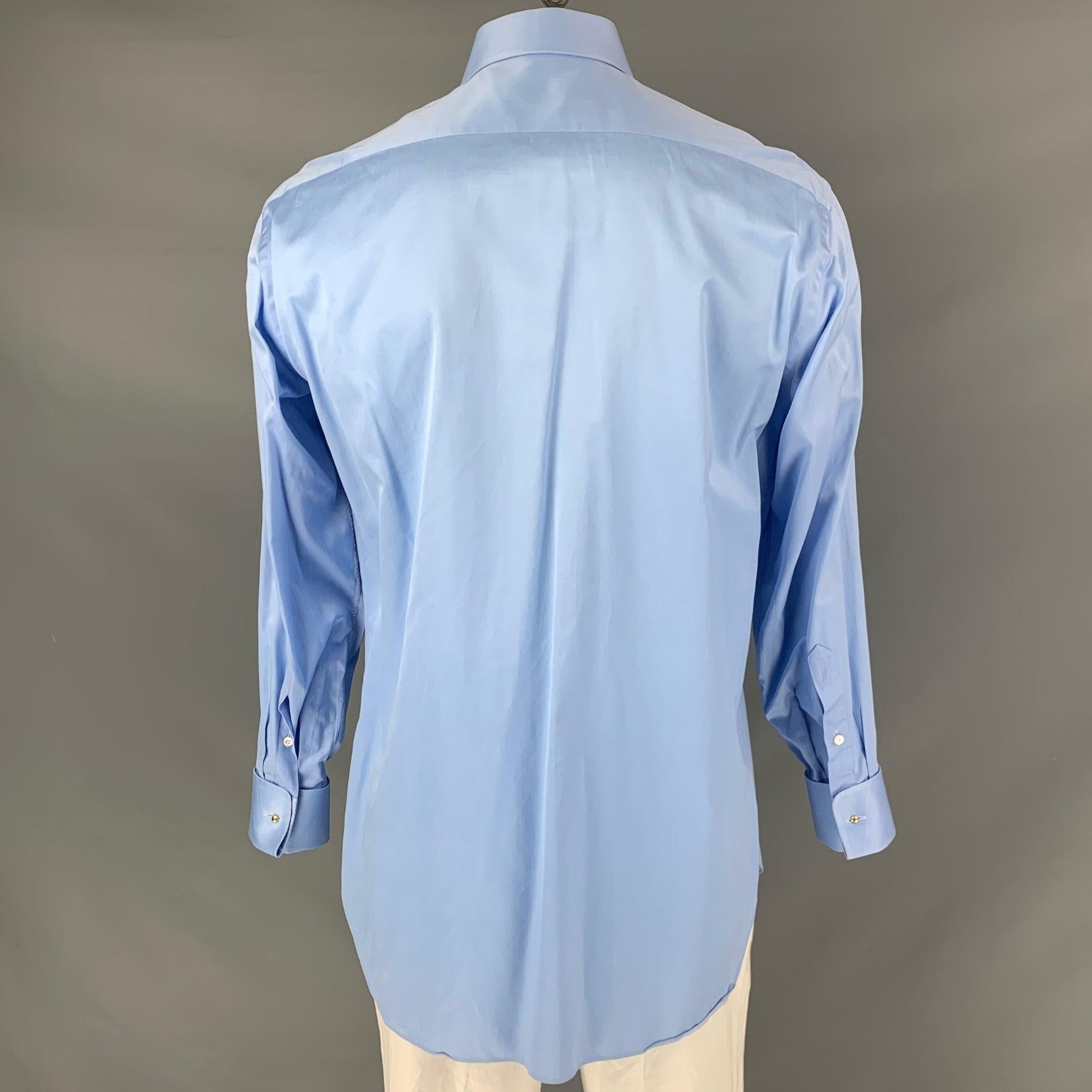 BRIONI Size L Light Blue Solid Cotton French Cuff Long Sleeve Shirt In Good Condition For Sale In San Francisco, CA
