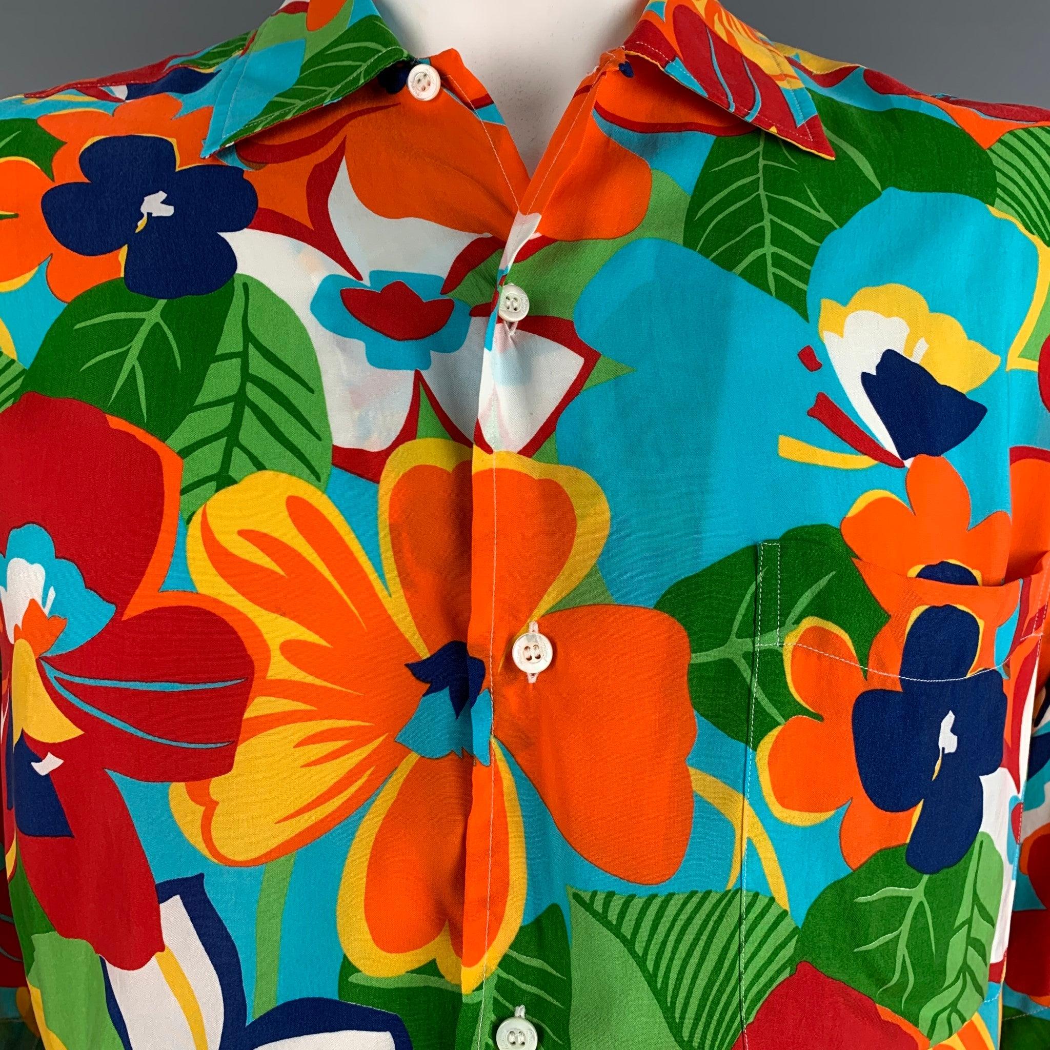 BRIONI x NEIMAN MARCUS short sleeve shirt
in a multicolor rayon fabric featuring a tropical floral pattern, one pocket, and button up closure. Made in Italy.Very Good Pre-Owned Condition. Minor signs of wear. 

Marked:   L 

Measurements: 
