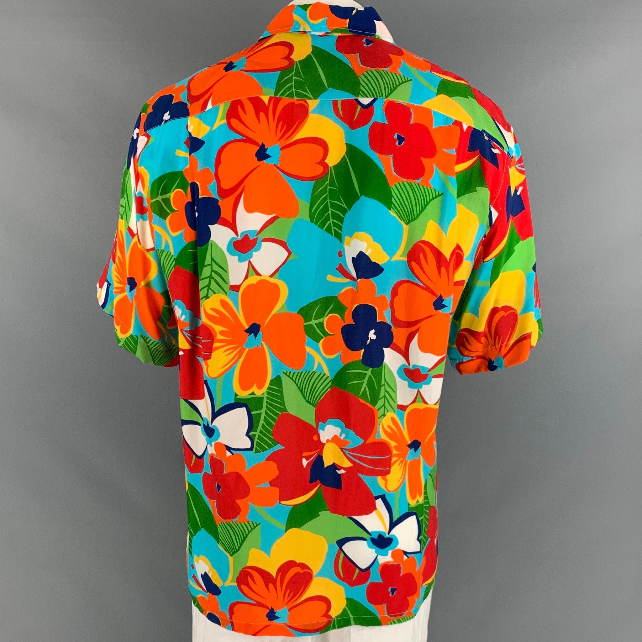 Men's BRIONI Size L Multi-Color Floral Rayon Button Up Short Sleeve Shirt For Sale