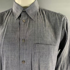 BRIONI Size L Navy Grey Stripe Linen Blend Pointed Collar Long Sleeve Shirt