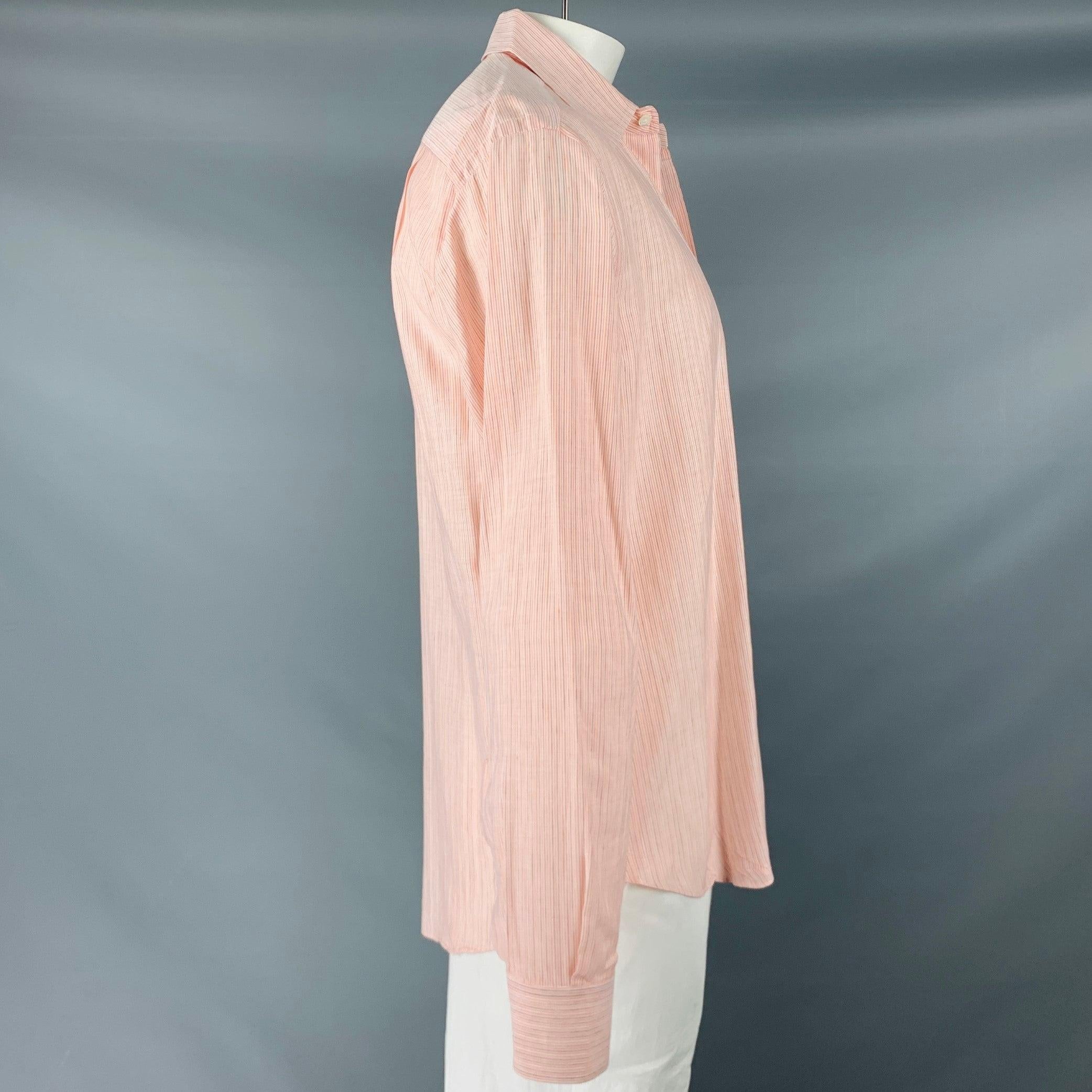 Beige BRIONI Size L Orange Purple Pinstripe Linen Button Up Long Sleeve Shirt