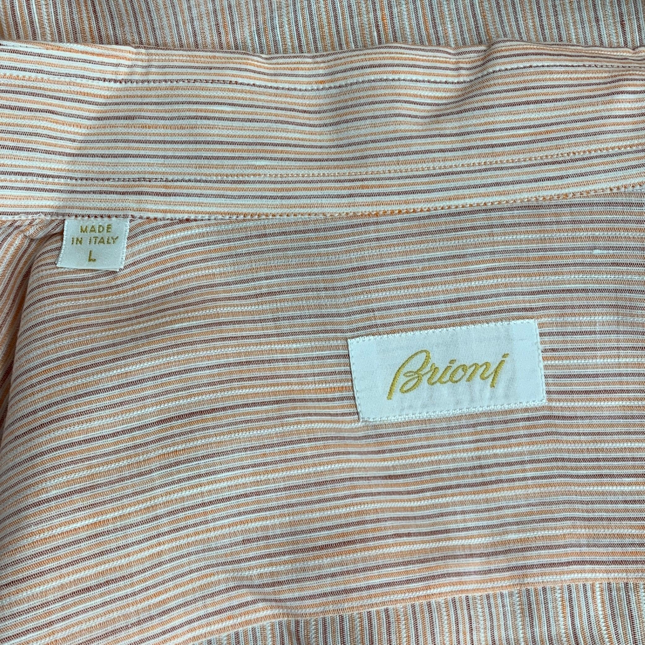 Men's BRIONI Size L Orange Purple Pinstripe Linen Button Up Long Sleeve Shirt