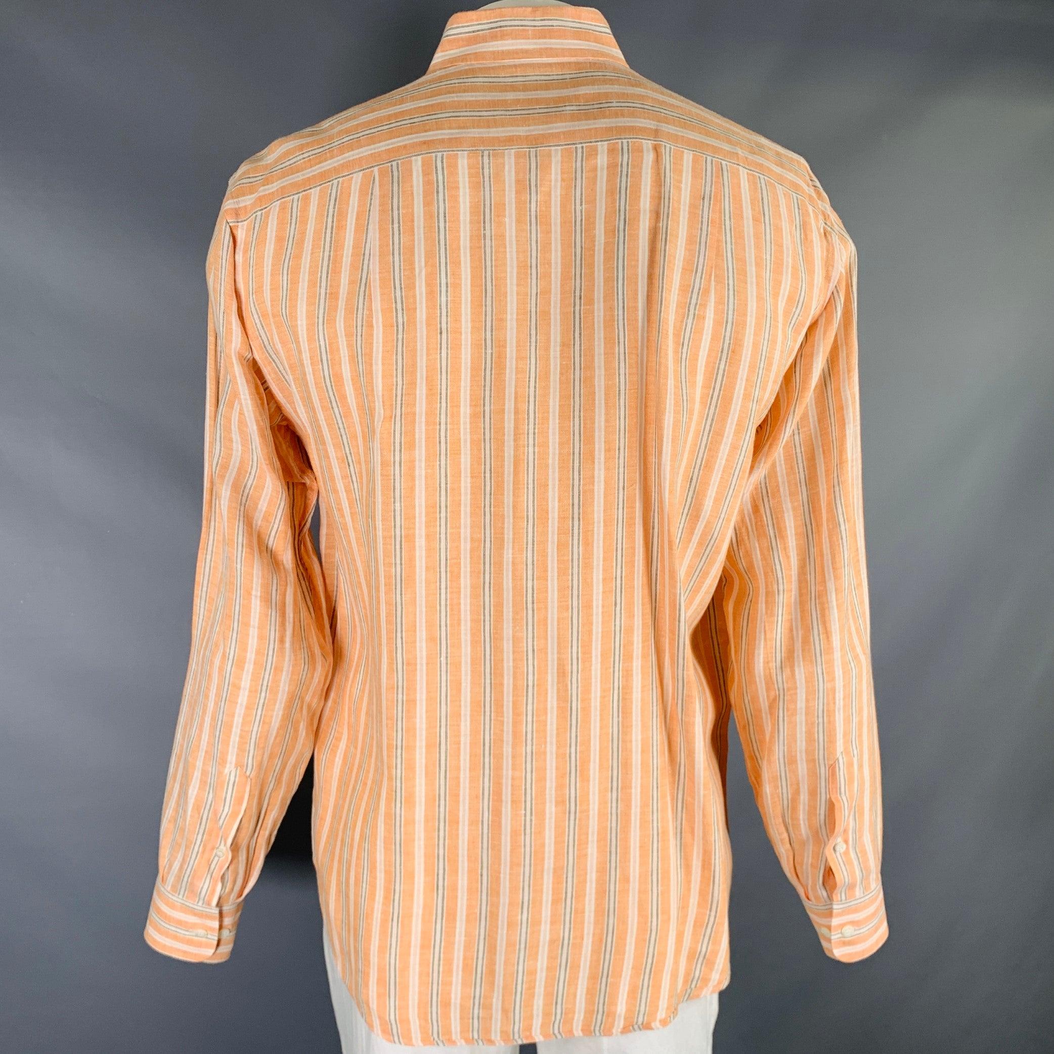 Men's BRIONI Size L Orange Stripe Linen Button Up Long Sleeve Shirt For Sale
