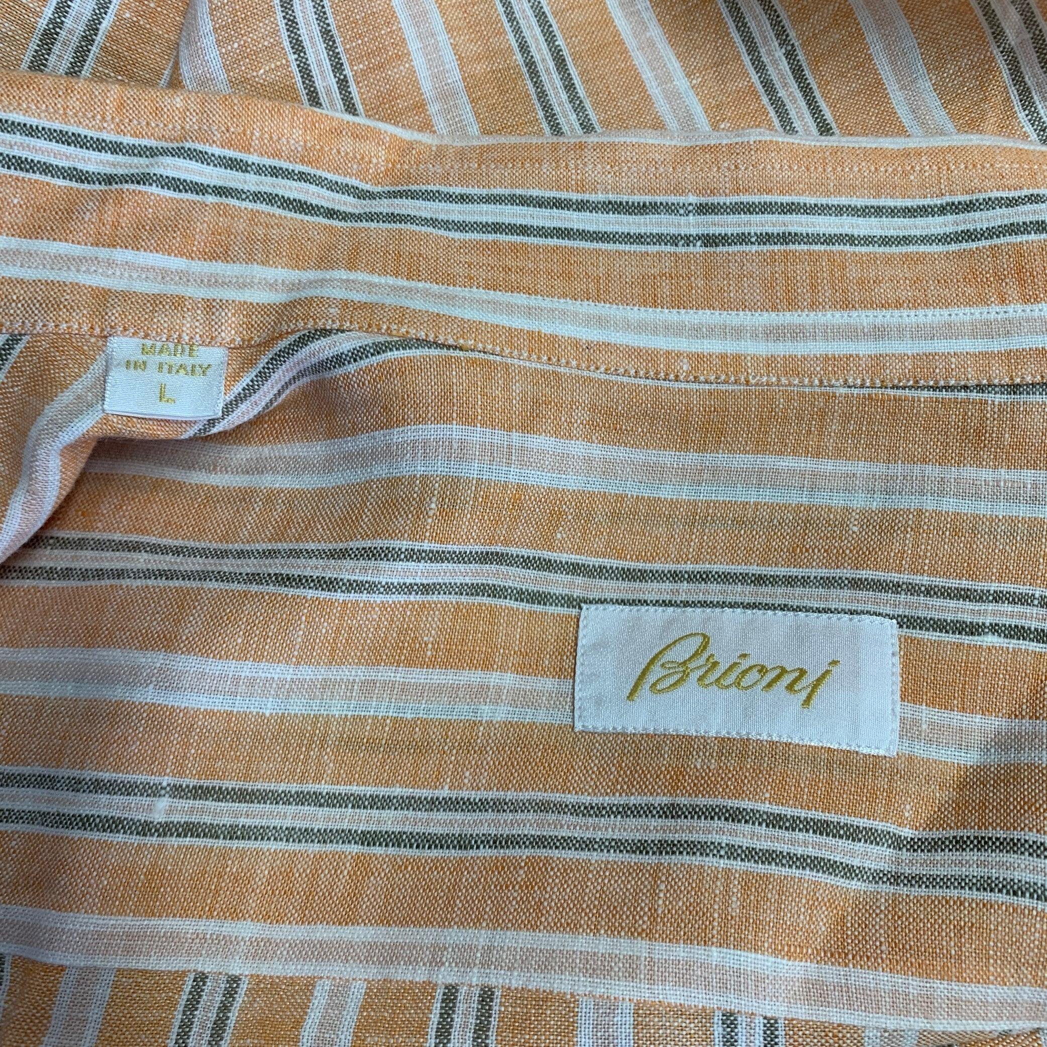 BRIONI Size L Orange Stripe Linen Button Up Long Sleeve Shirt For Sale 1