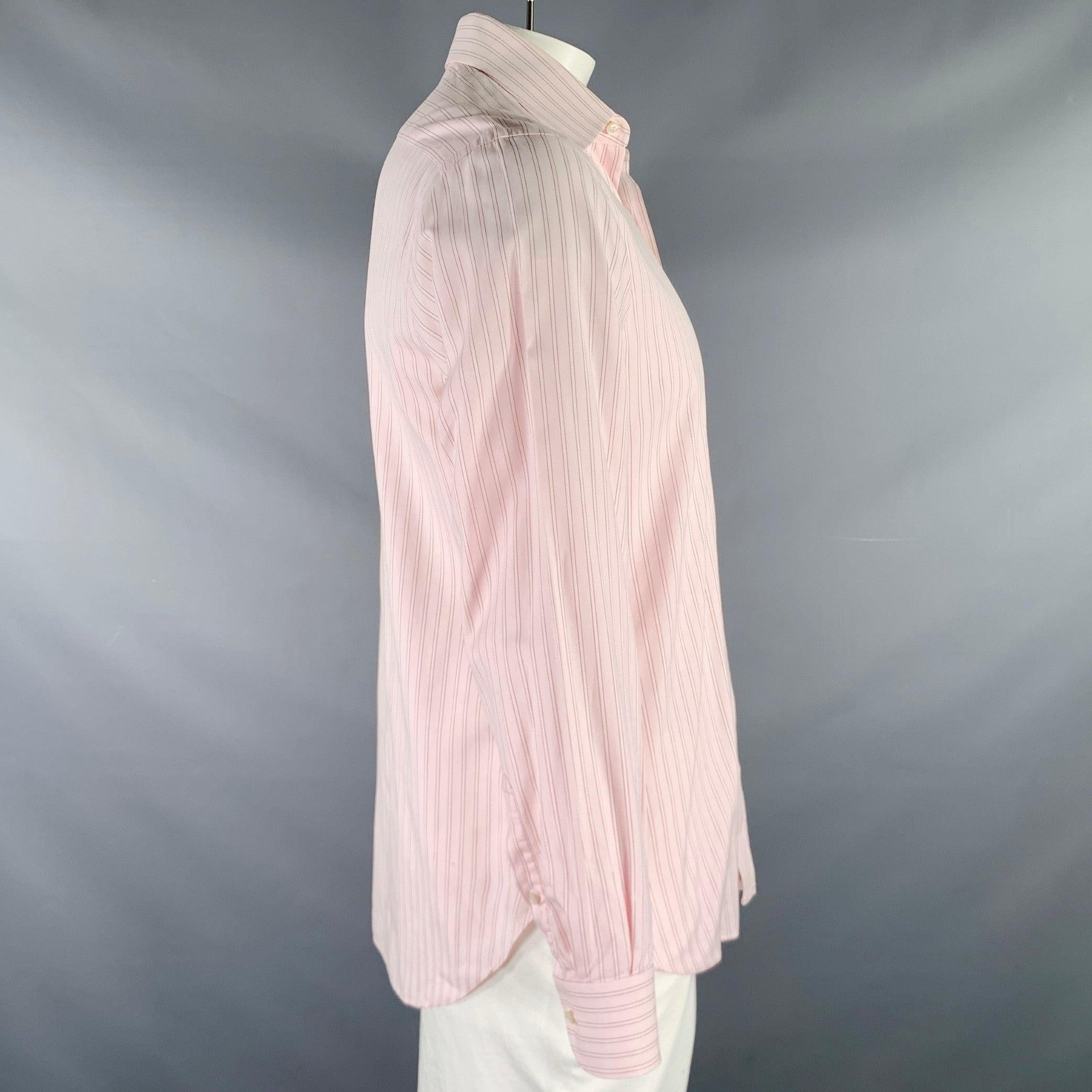 BRIONI Size L Pink Stripe Cotton Button Up Long Sleeve Shirt In Good Condition For Sale In San Francisco, CA