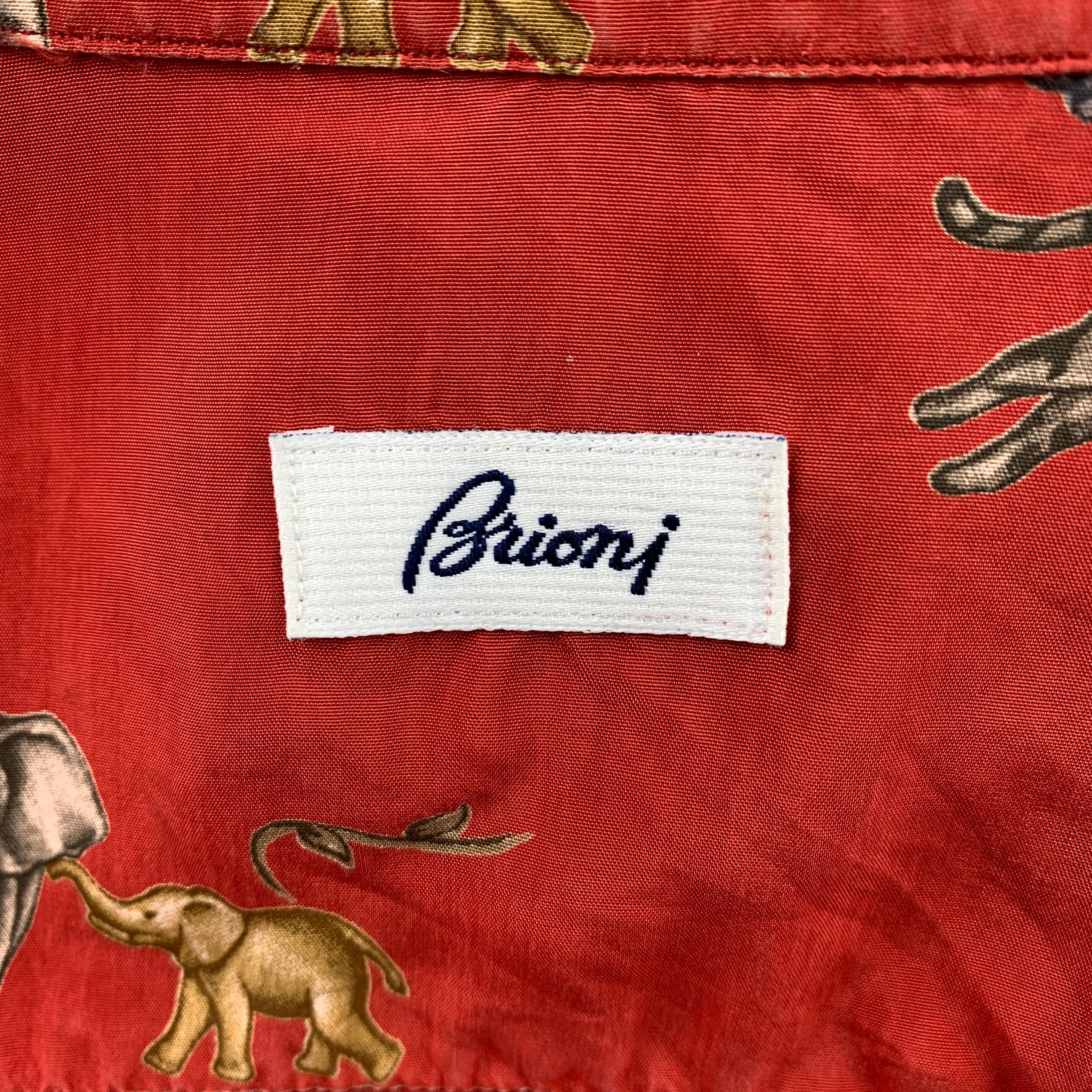 BRIONI Size L Red and Taupe Animal Print Rayon Button Up Short 