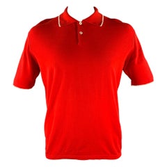 BRIONI Size L Red White Tipped Knit Cotton Polo
