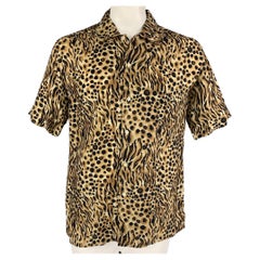 BRIONI Size L Tan Black Animal Print Rayon Camp Short Sleeve Shirt