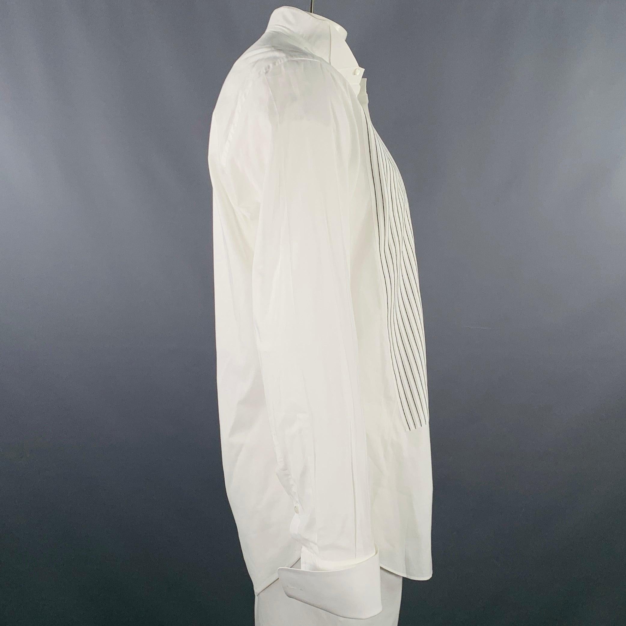 Gray BRIONI Size L White Black Pleated Cotton Tuxedo Long Sleeve Shirt