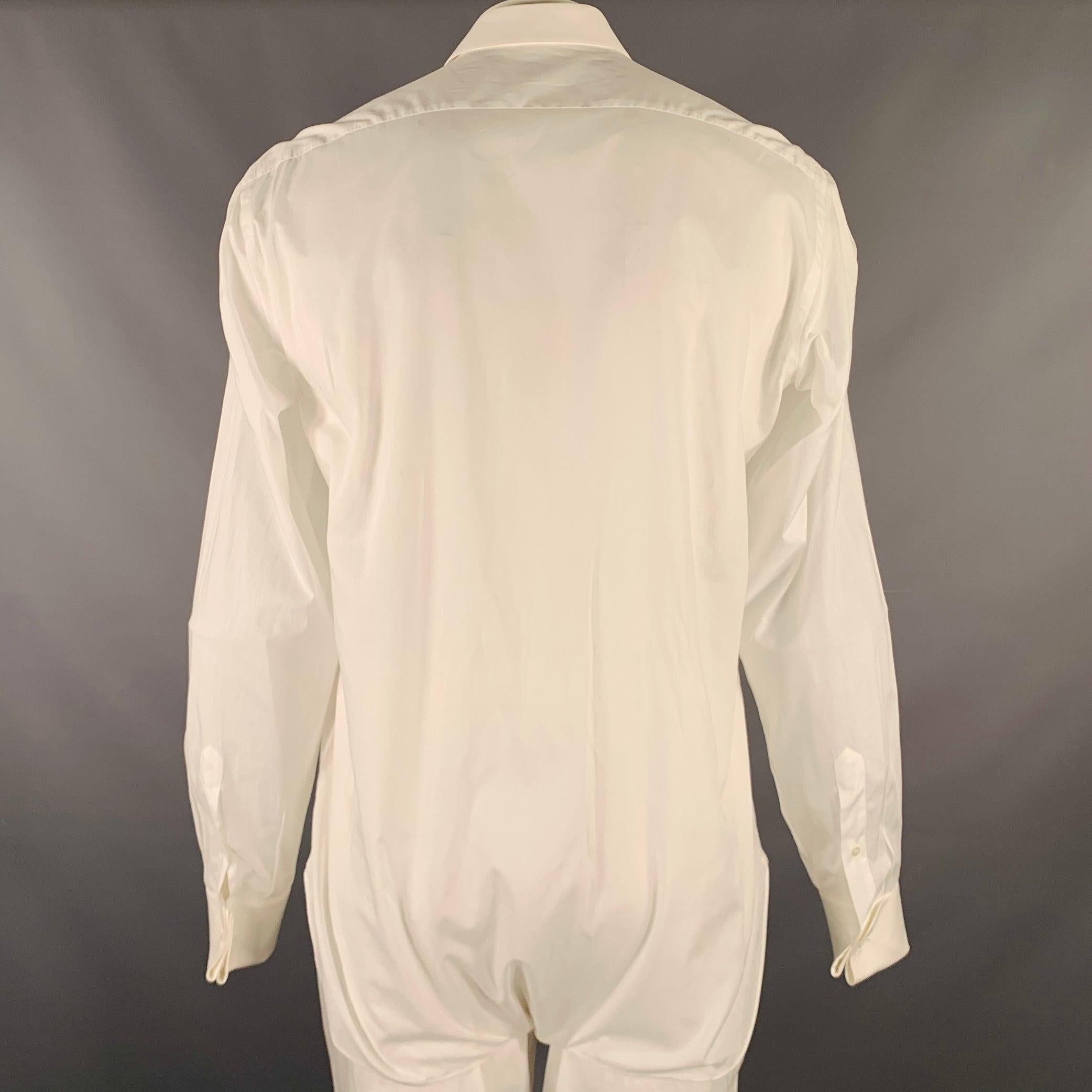 BRIONI Size L White Cotton Tuxedo Long Sleeve Shirt In Good Condition In San Francisco, CA