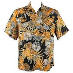 BRIONI Size M Black & Tan Floral Rayon Camp Short Sleeve Shirt