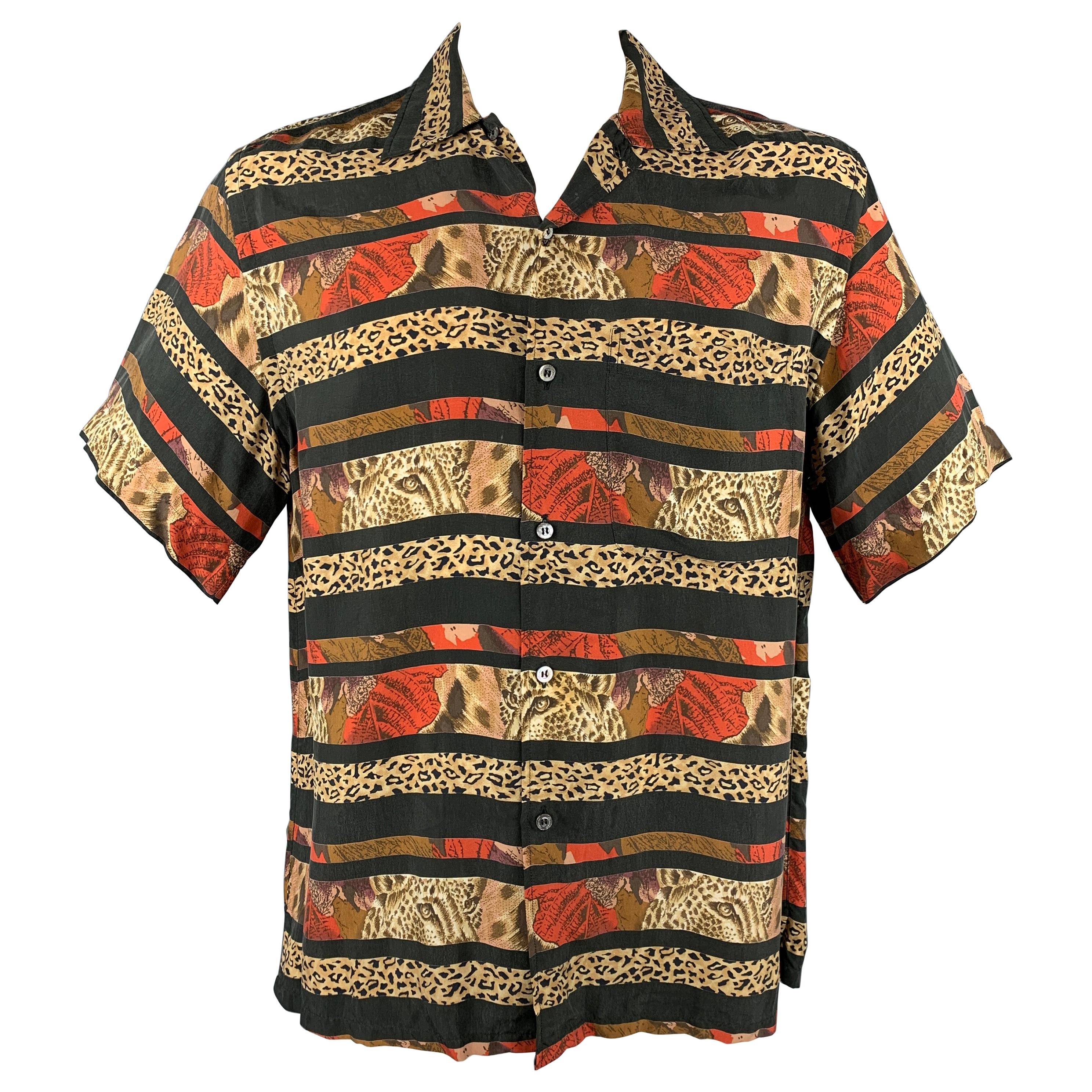 BRIONI Size M Black & Taupe Stripe Rayon Camp Short Sleeve Shirt