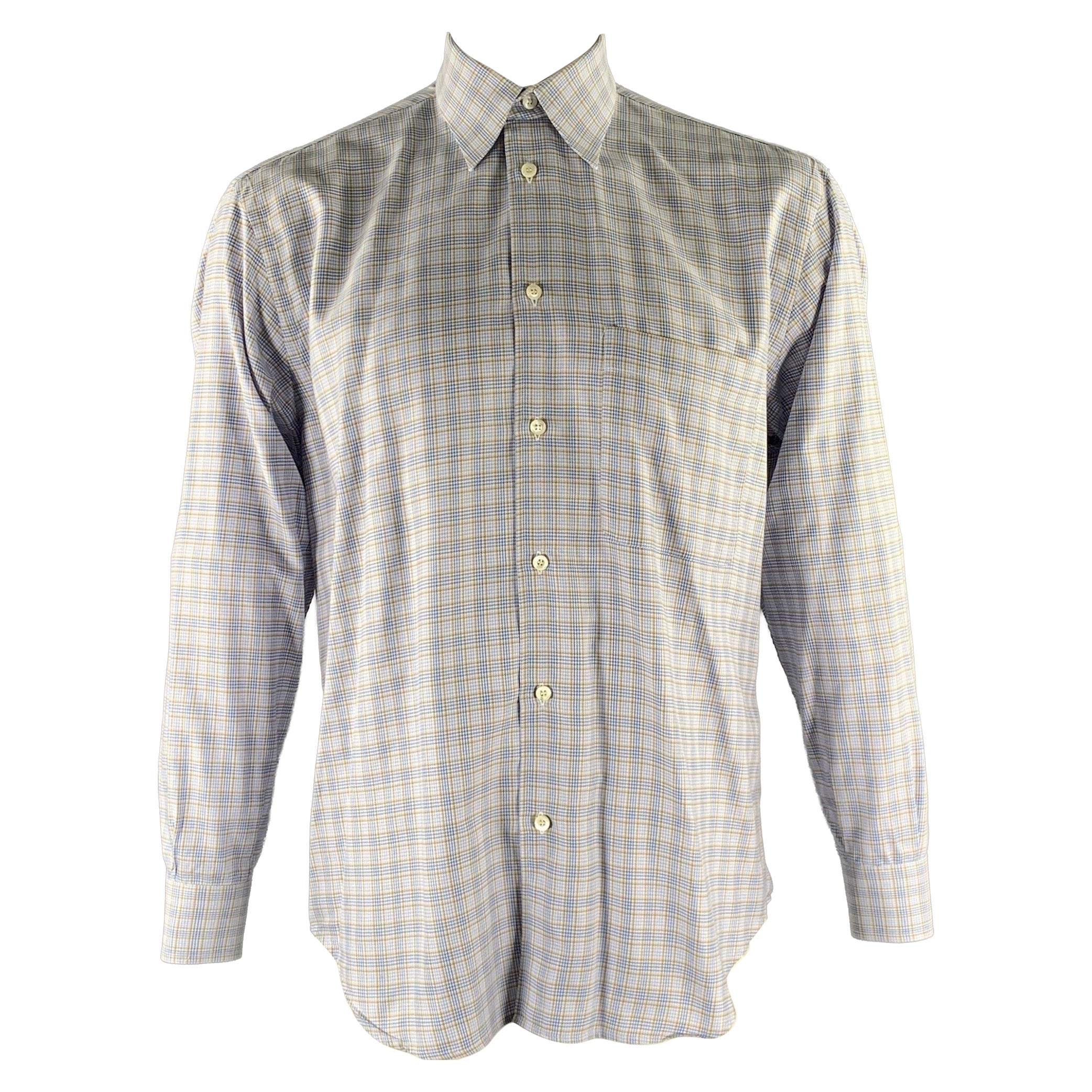 BRIONI Size M Blue Tan Plaid Cotton Long Sleeve Shirt