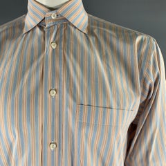 BRIONI Size M Orange Blue Stripe Cotton Spread Collar Long Sleeve Shirt