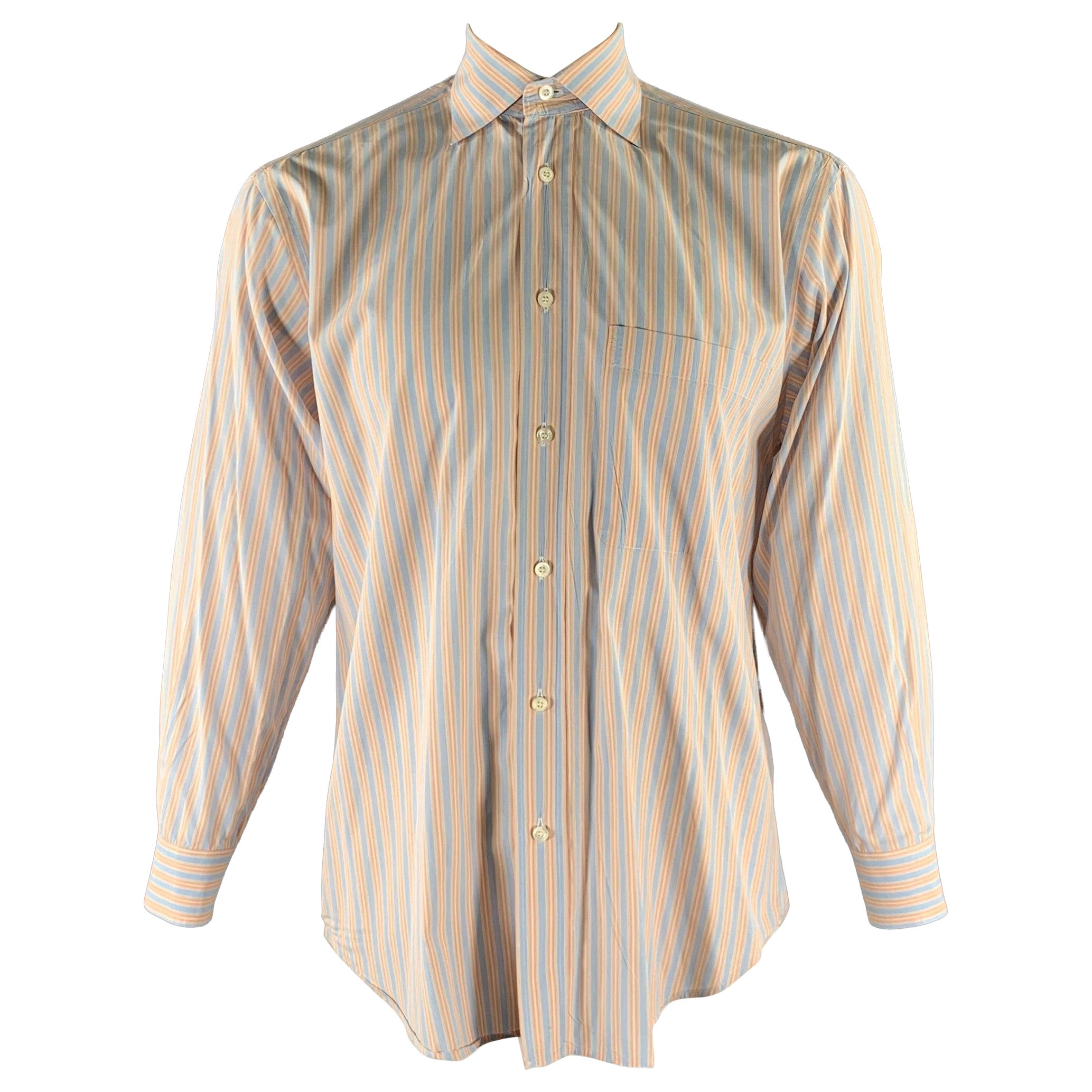 Brioni Size M Orange Blue Stripe Cotton Spread Collar Long Sleeve Shirt en vente