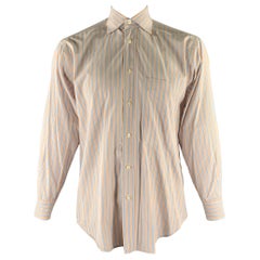 BRIONI Size M Orange Blue Stripe Cotton Spread Collar Long Sleeve Shirt