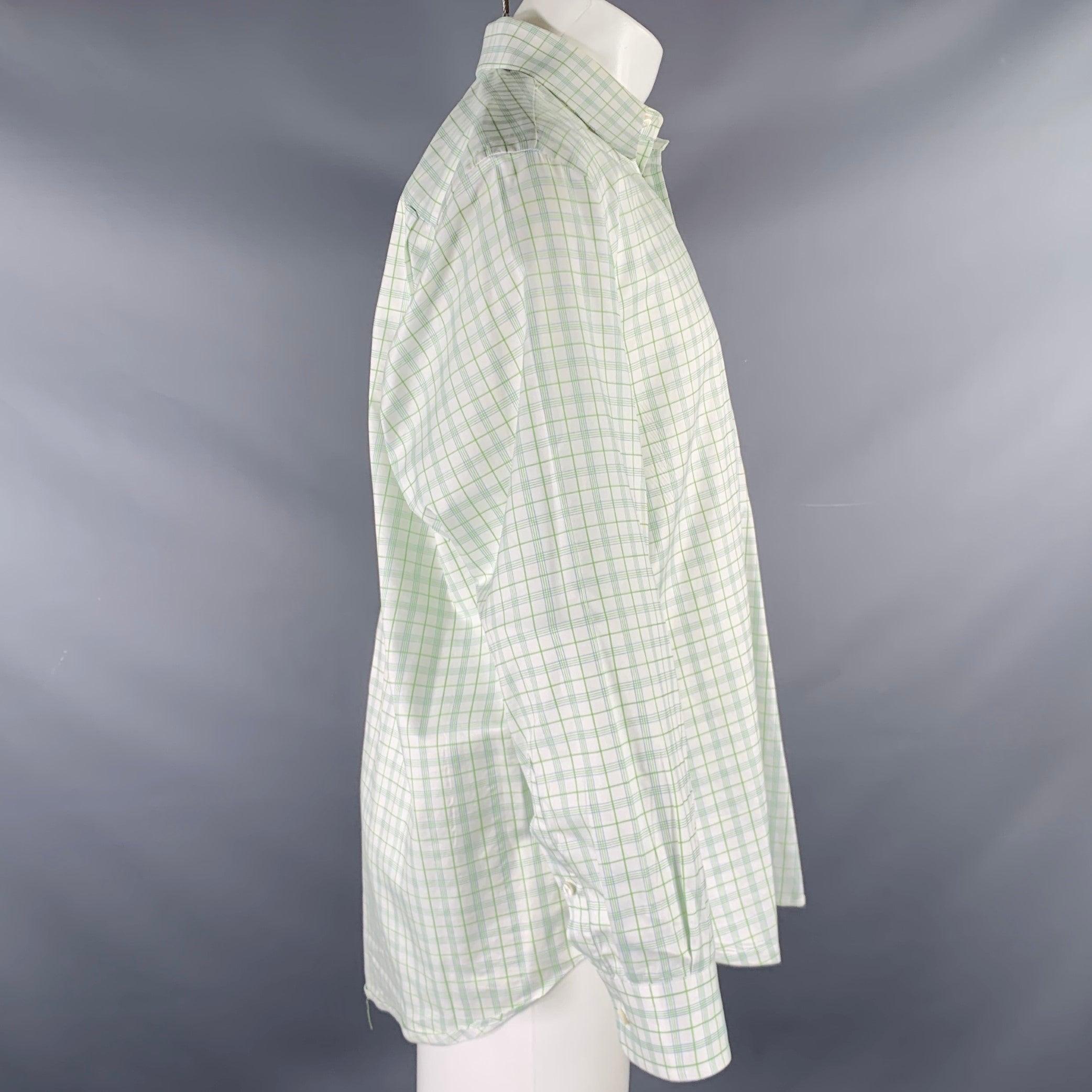 Gray BRIONI Size M White Green Plaid Cotton Button Up Long Sleeve Shirt For Sale