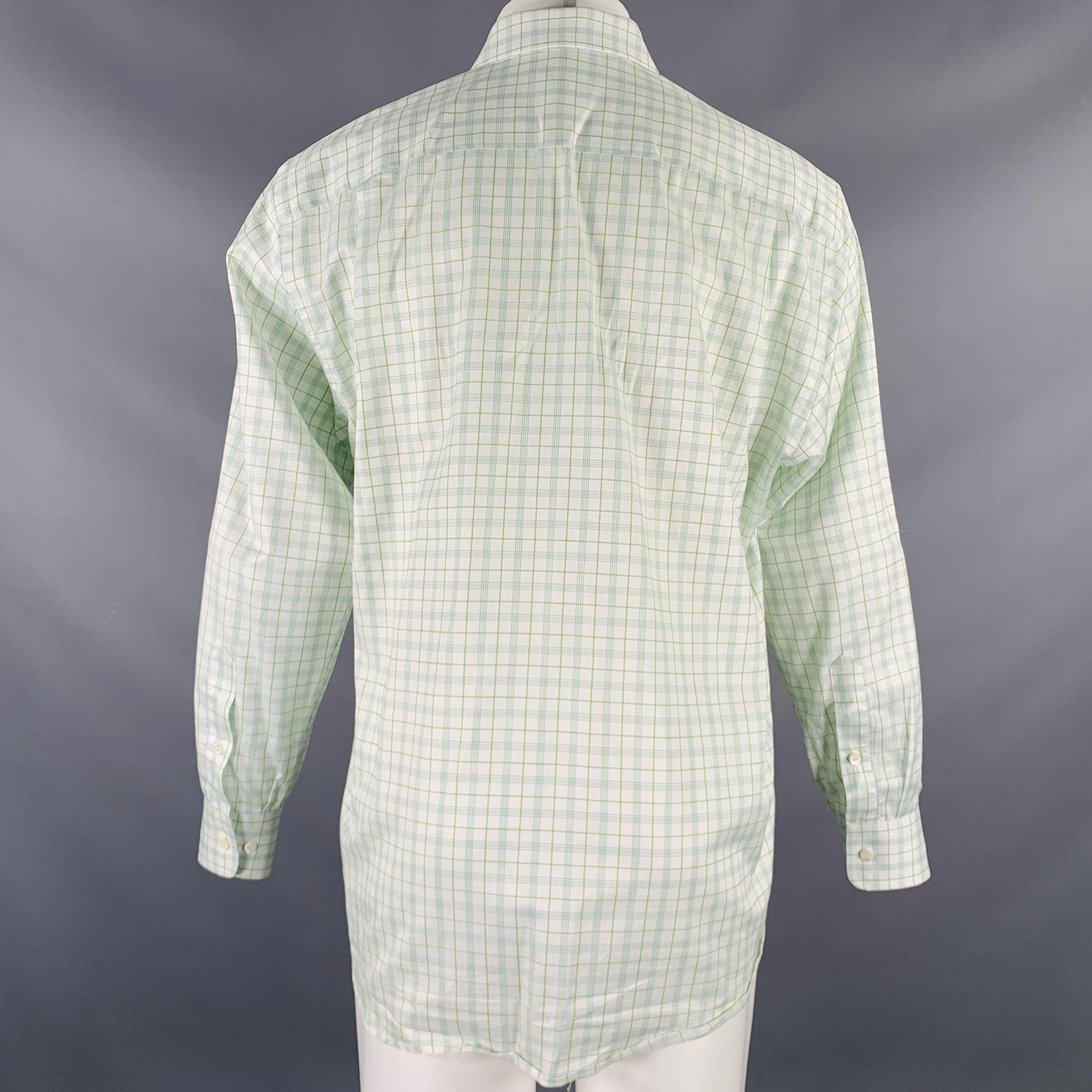 BRIONI Size M White Green Plaid Cotton Button Up Long Sleeve Shirt In Good Condition For Sale In San Francisco, CA