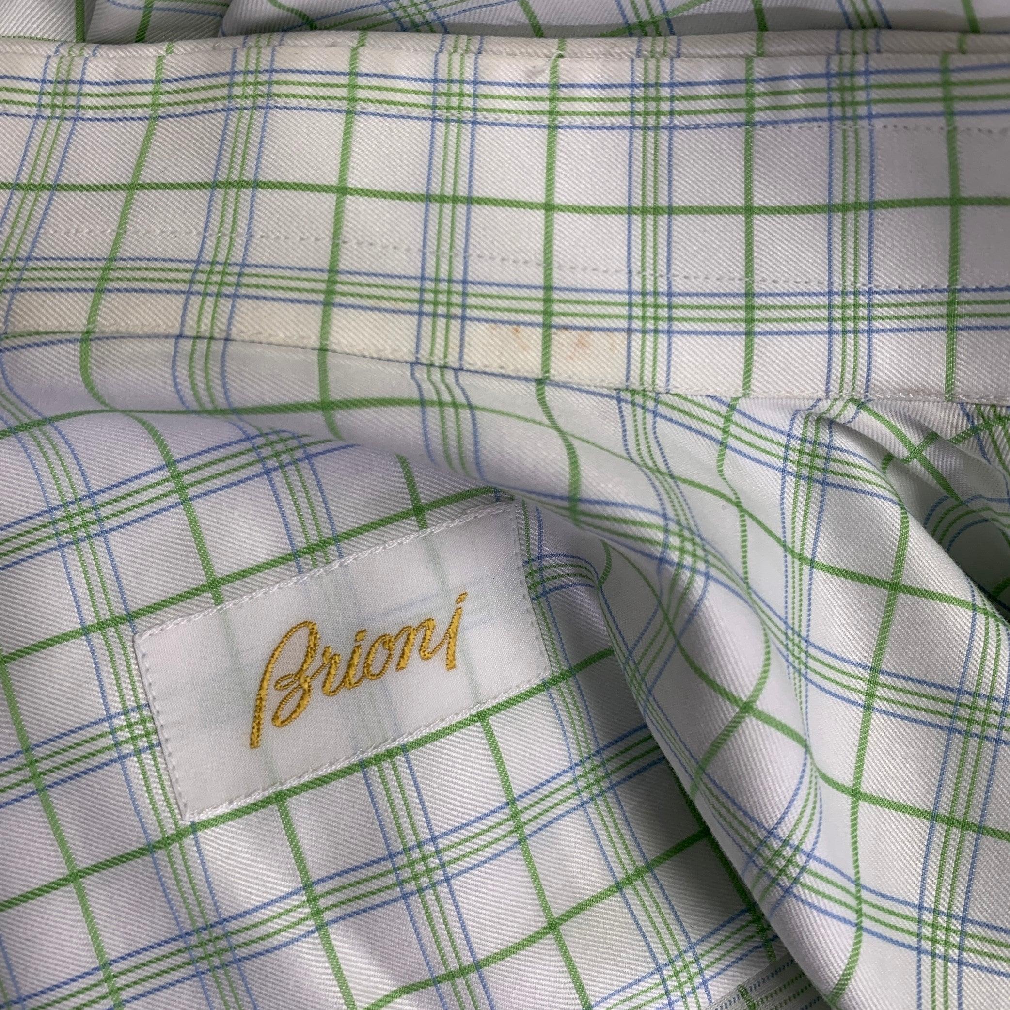 Men's BRIONI Size M White Green Plaid Cotton Button Up Long Sleeve Shirt For Sale