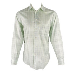 BRIONI Talla M Camisa de manga larga abotonada de algodón blanco verde a cuadros