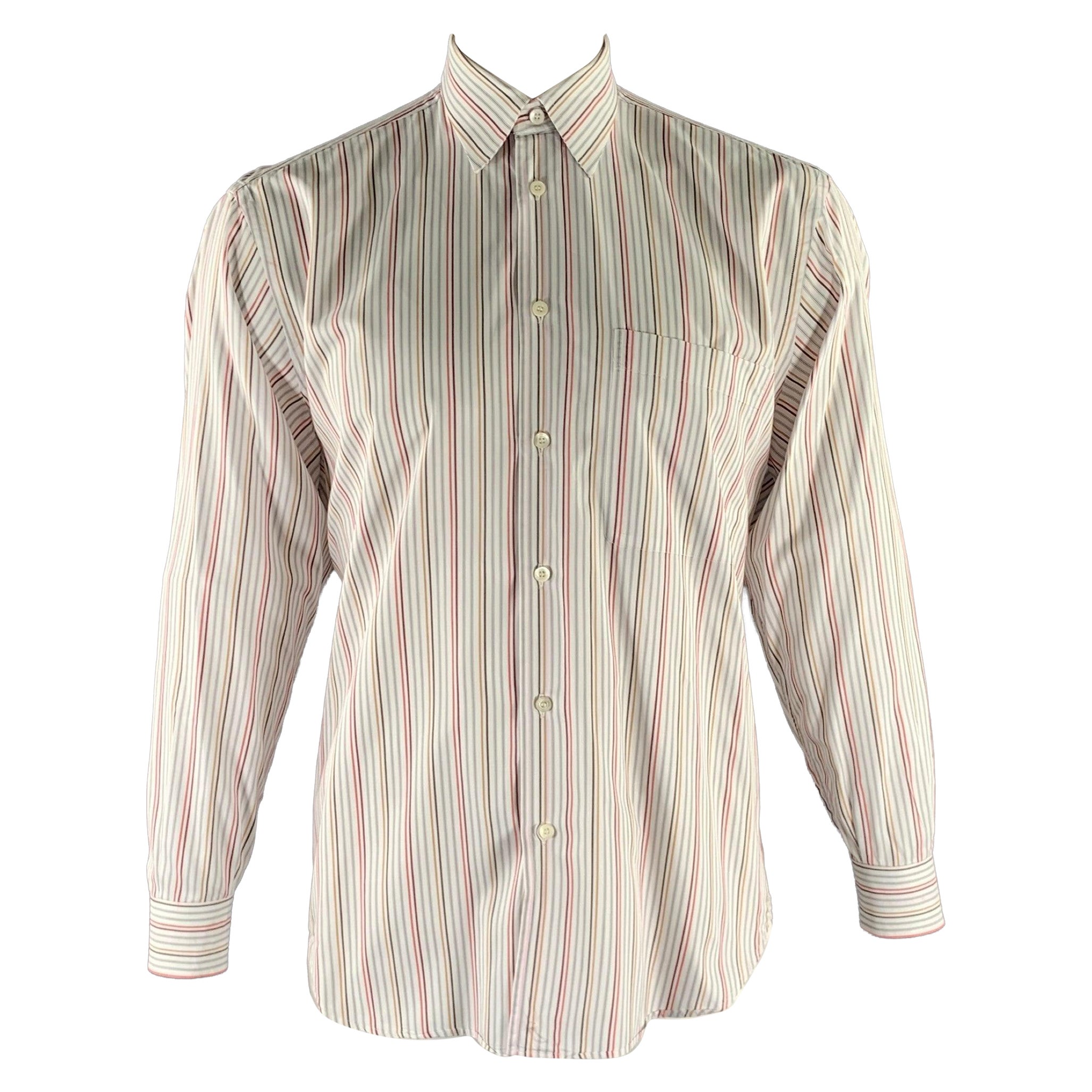 BRIONI Size M White Multi-Color Stripe Cotton Pointed Collar Long Sleeve Shirt