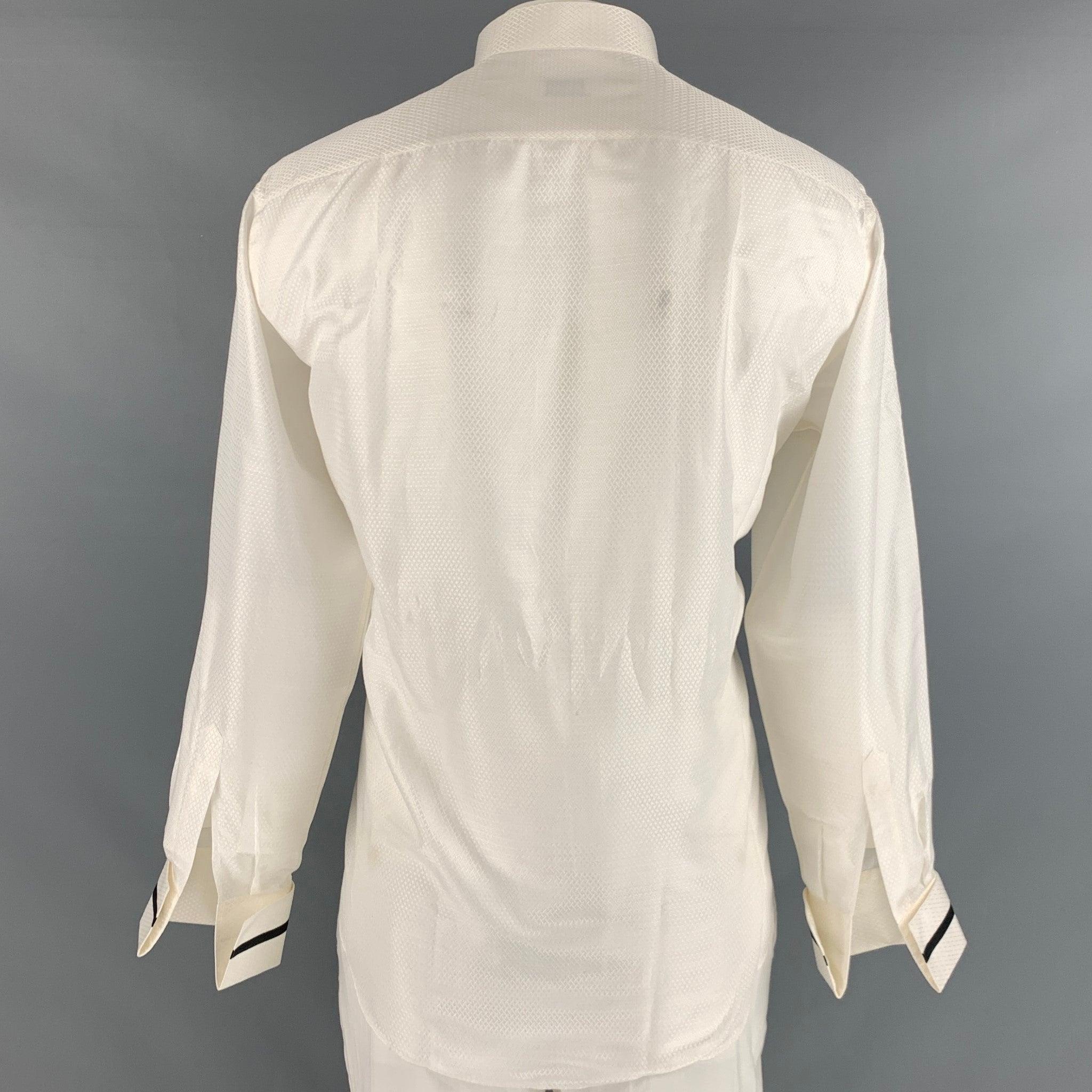 BRIONI Size XL Off White Jacquard Silk Cotton Tuxedo Long Sleeve Shirt In Good Condition For Sale In San Francisco, CA