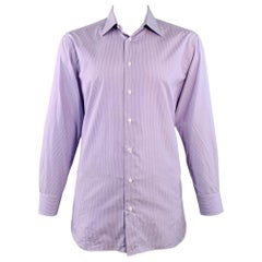 Brioni Size XL Purple White Stripe Cotton Curved Cutaway Long Sleeve Shirt (Chemise à manches longues à rayures violettes et blanches en coton)