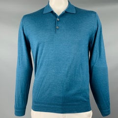 BRIONI Size XL Teal Knit Wool Silk Cashmere Polo Pullover