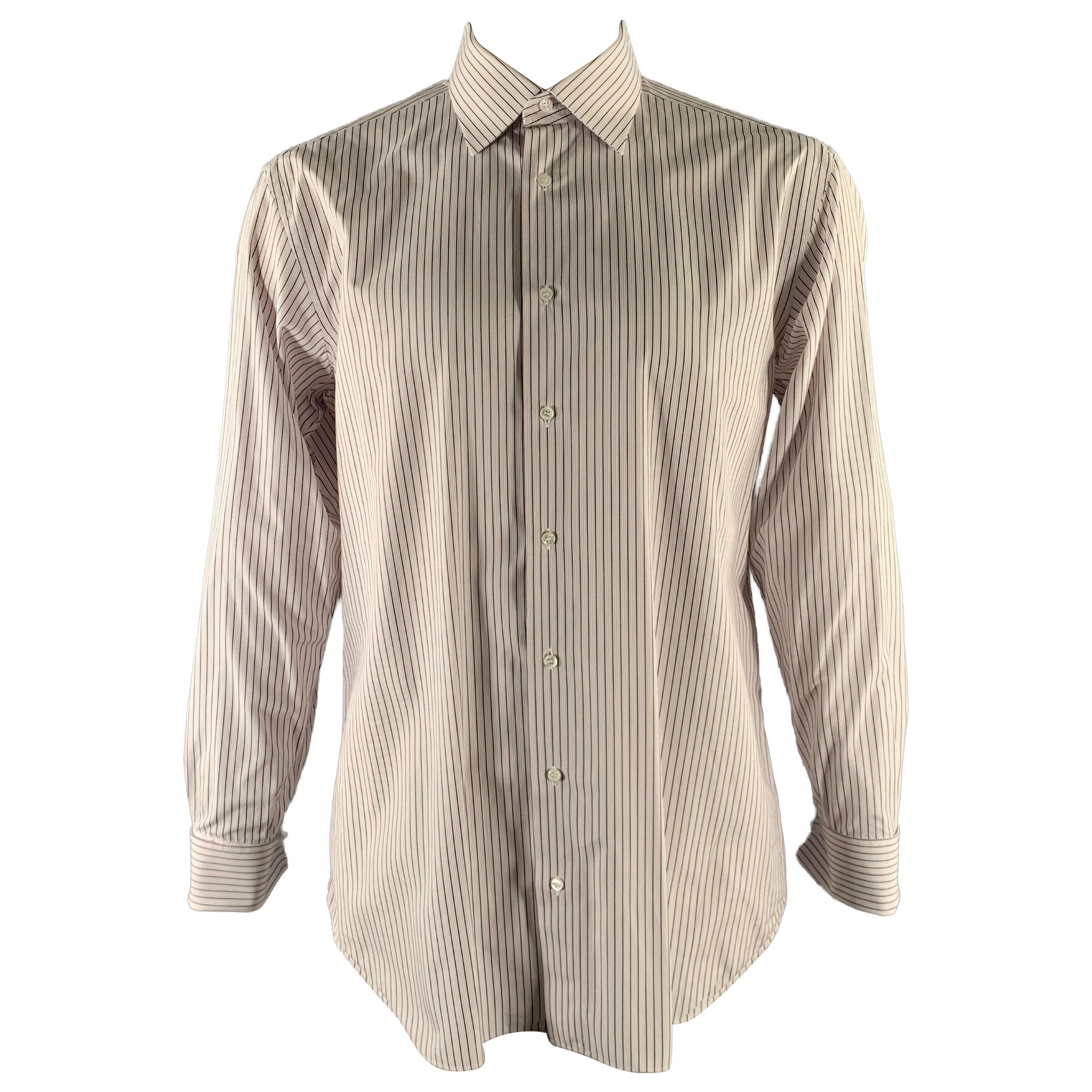 BRIONI Size XL White Brown Pink Stripe Cotton French Cuff Long Sleeve Shirt