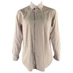 BRIONI Size XL White Brown Pink Stripe Cotton French Cuff Long Sleeve Shirt