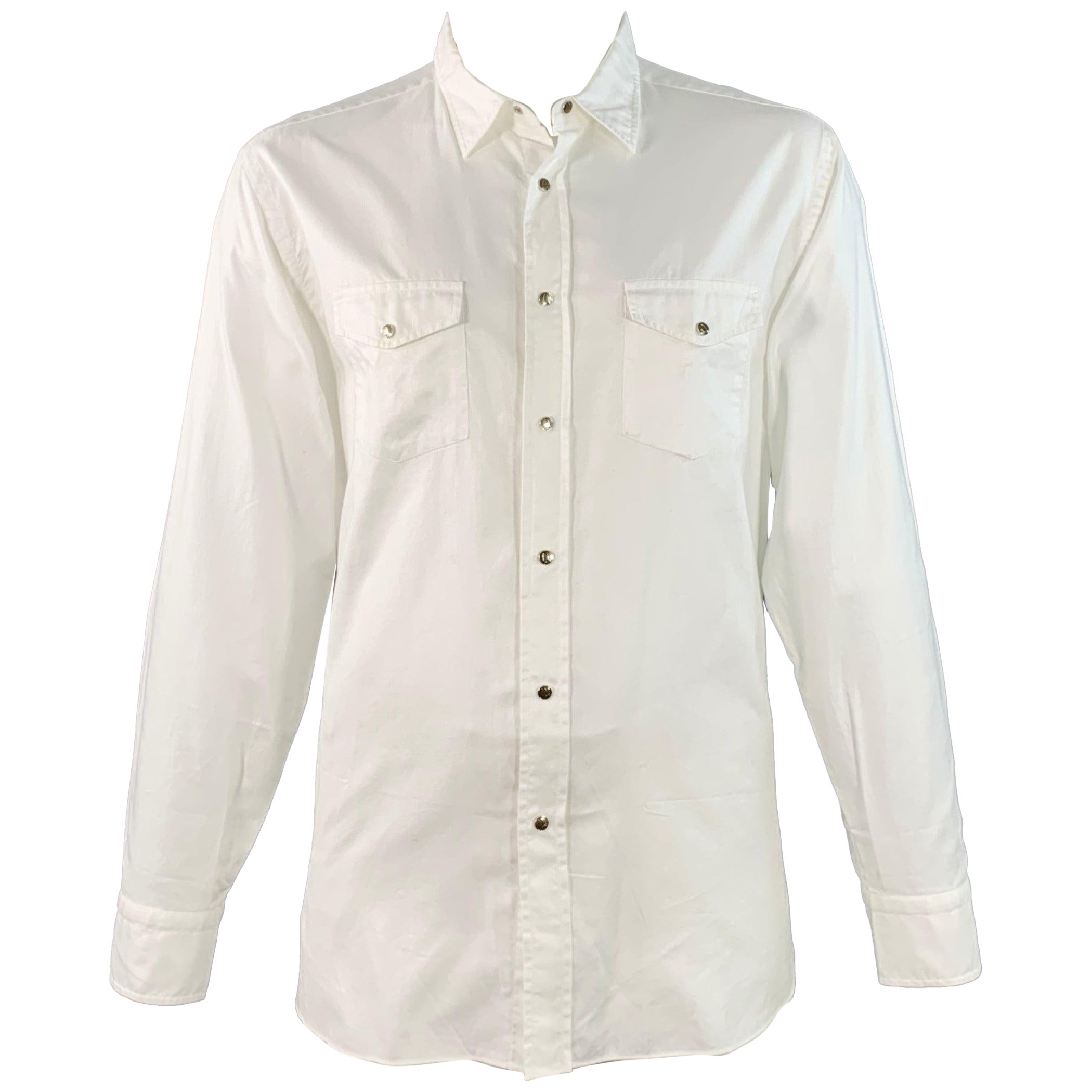 BRIONI Taglia XL Camicia a maniche lunghe in cotone bianco con due tasche e bottoni automatici in vendita