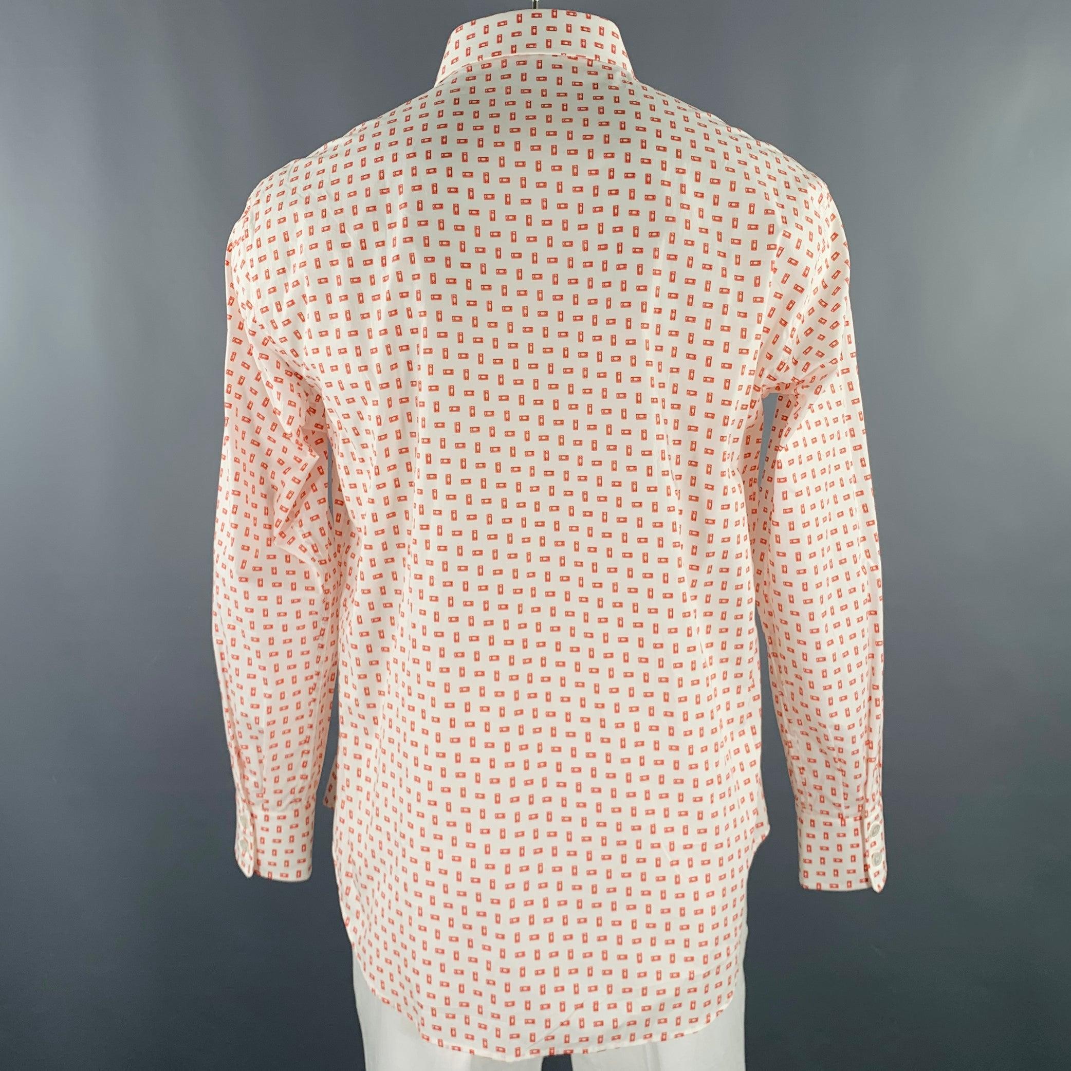 BRIONI Size XL White Red VHS Tape Cotton Long Sleeve Shirt In Excellent Condition For Sale In San Francisco, CA