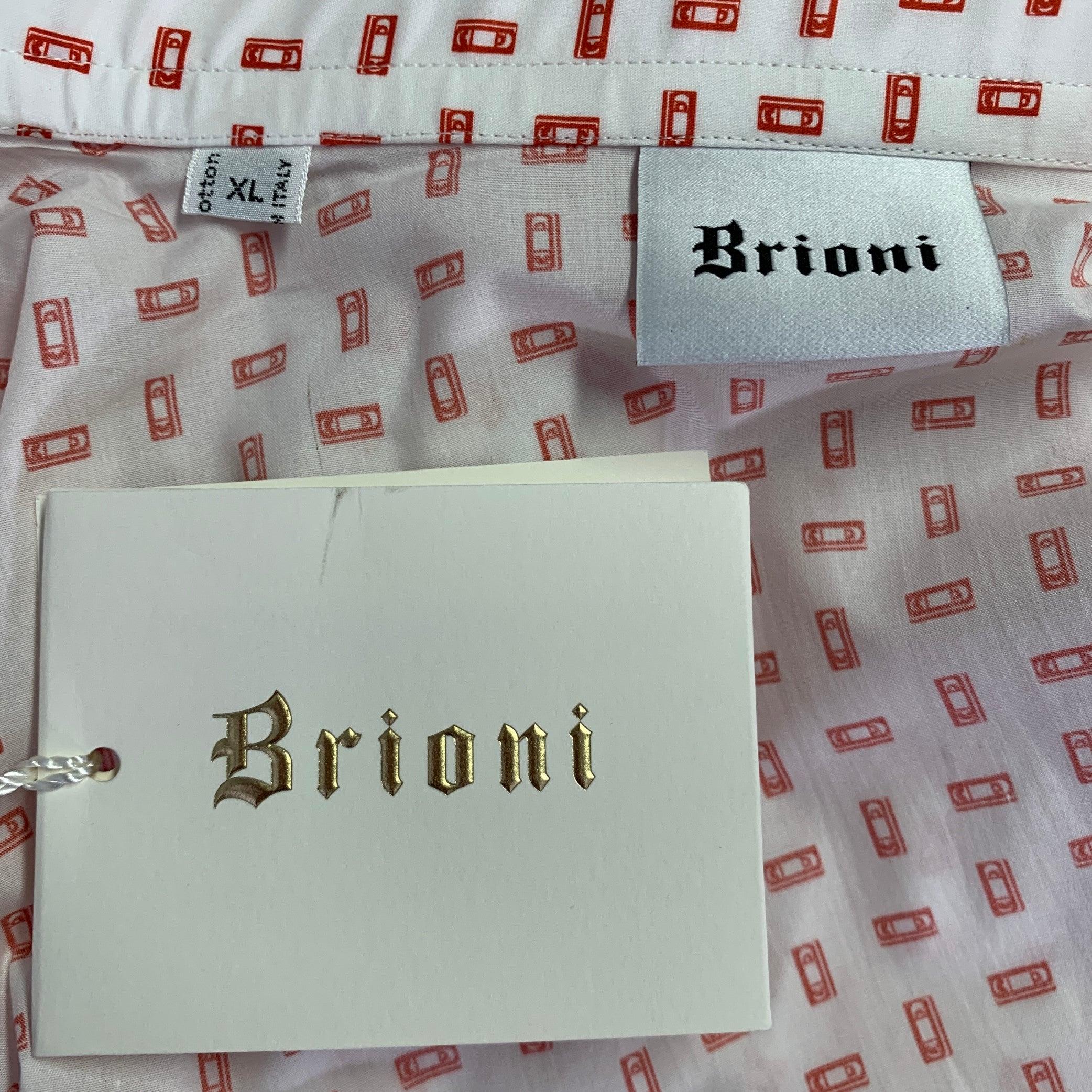 Men's BRIONI Size XL White Red VHS Tape Cotton Long Sleeve Shirt For Sale