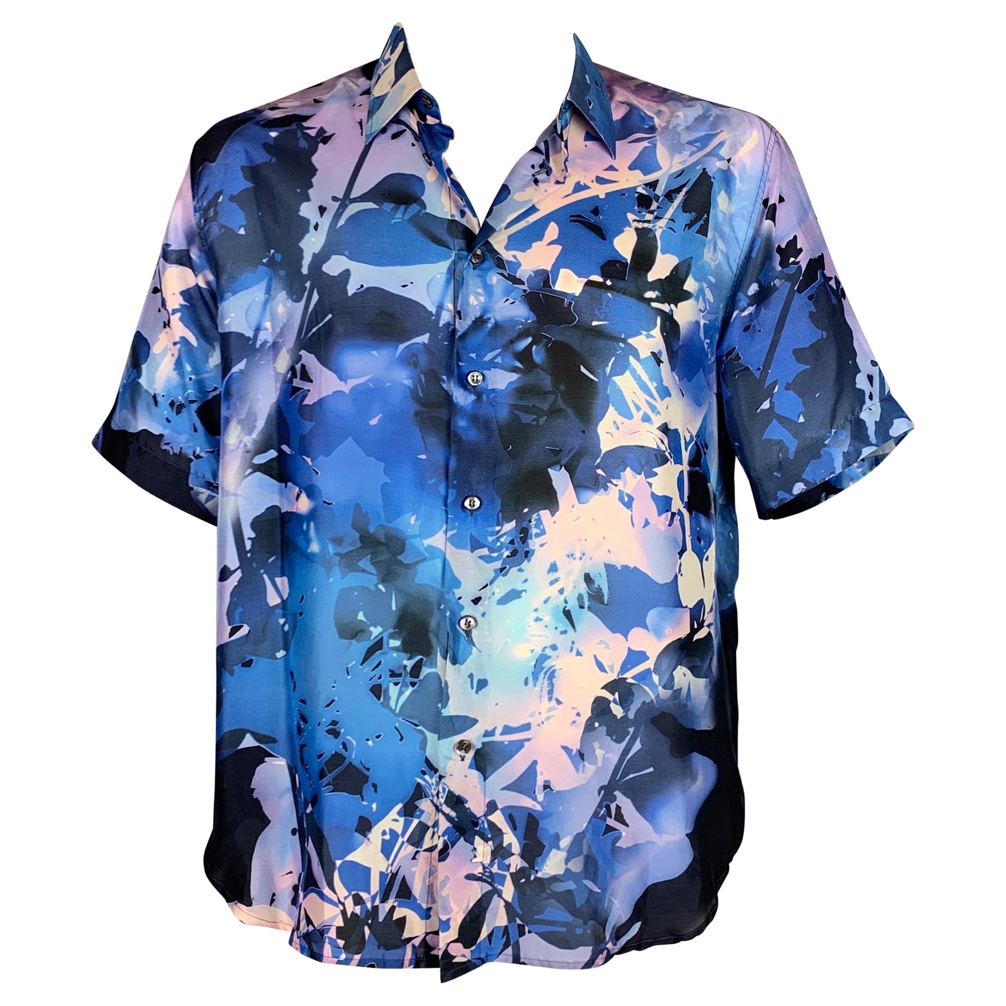 BRIONI Size XXL Blue & Purple White Abstract Floral Silk Short Sleeve Shirt