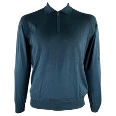 BRIONI Size XXL Blue Teal Knitted Cashmere Silk Quarter Zip Pullover