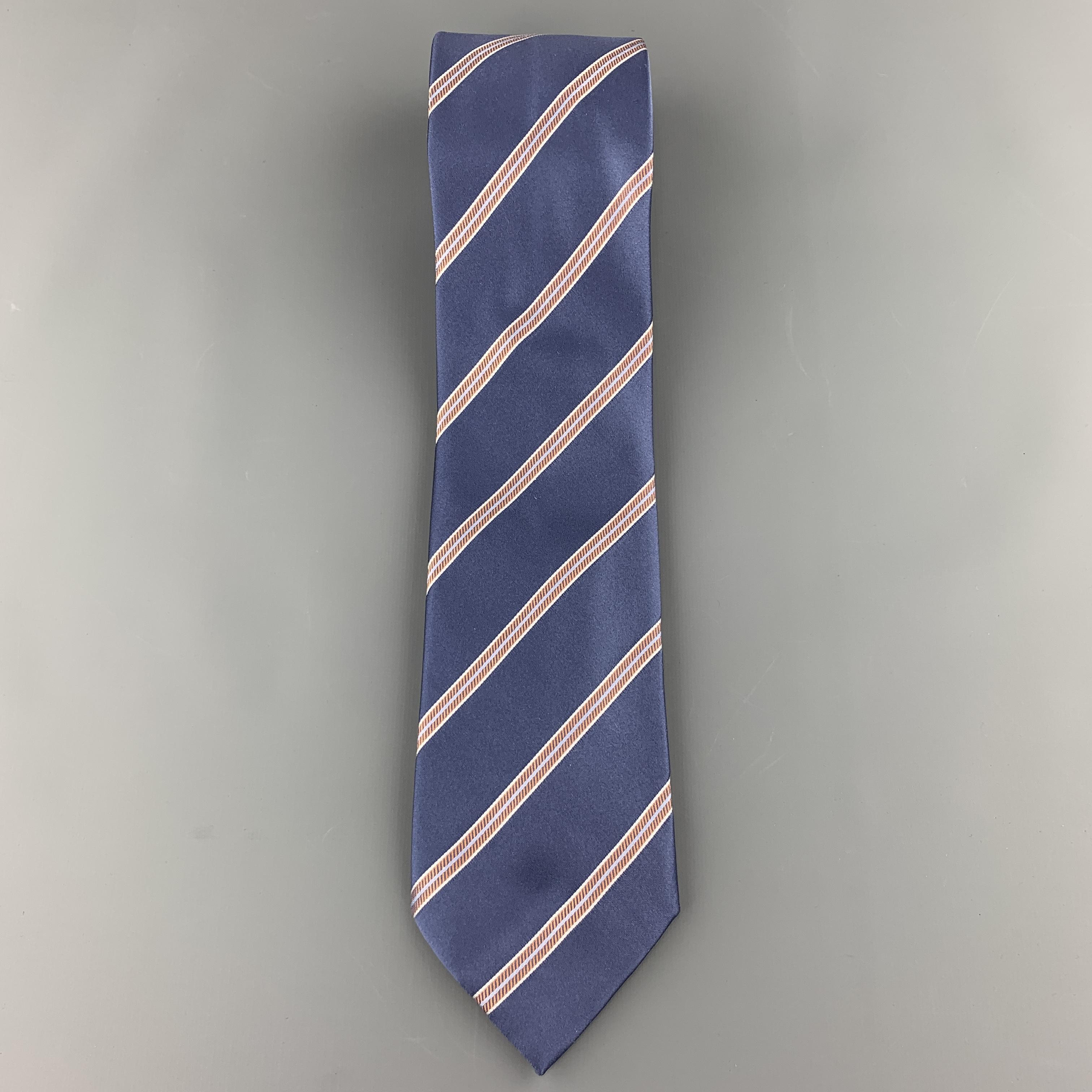 Purple BRIONI Steel Blue & Orange Diagonal Striped Silk Tie
