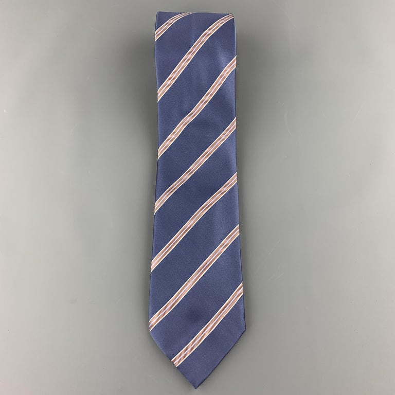 BRIONI Steel Blue and Orange Diagonal Striped Silk Tie For Sale at 1stDibs