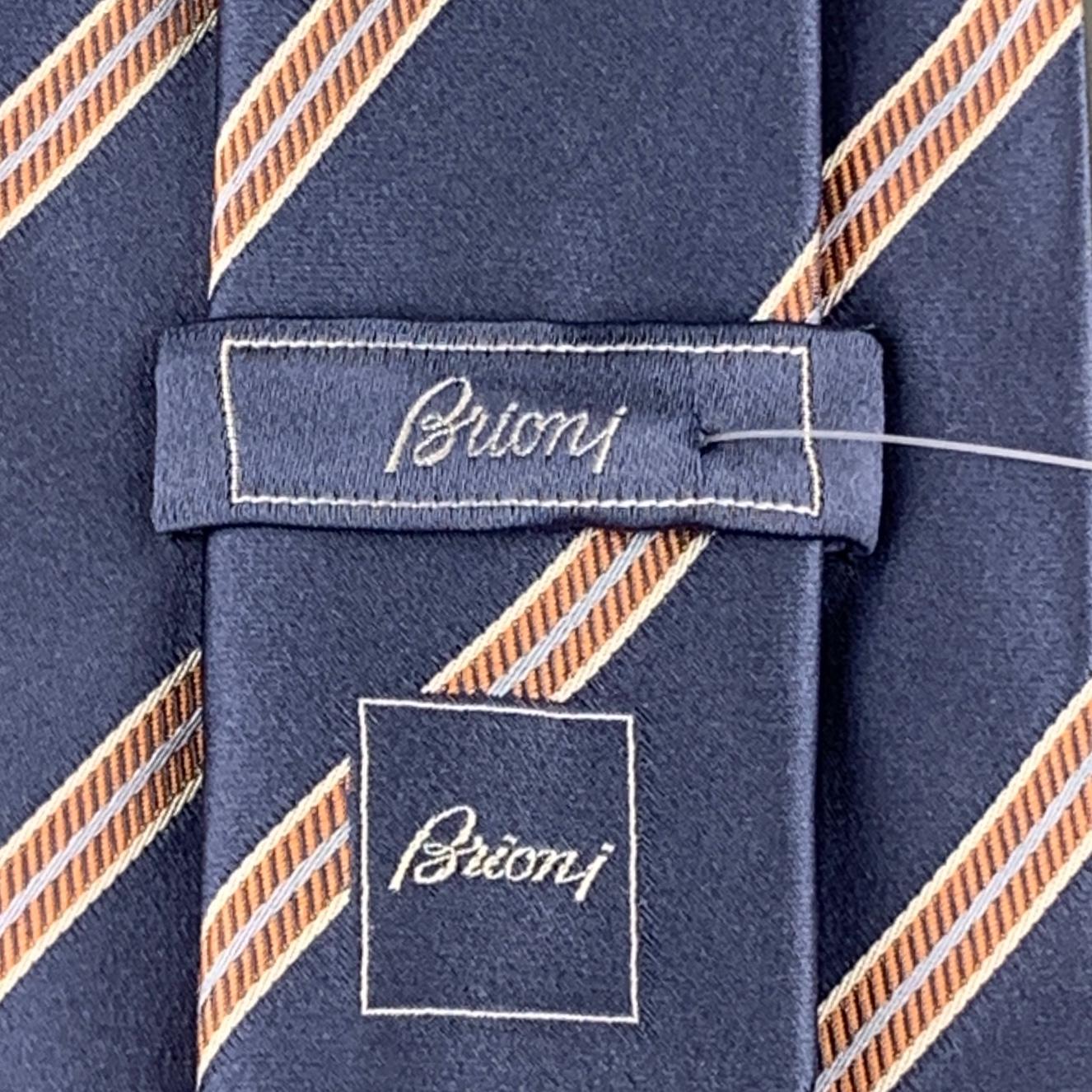 BRIONI Steel Blue & Orange Diagonal Striped Silk Tie In Excellent Condition In San Francisco, CA